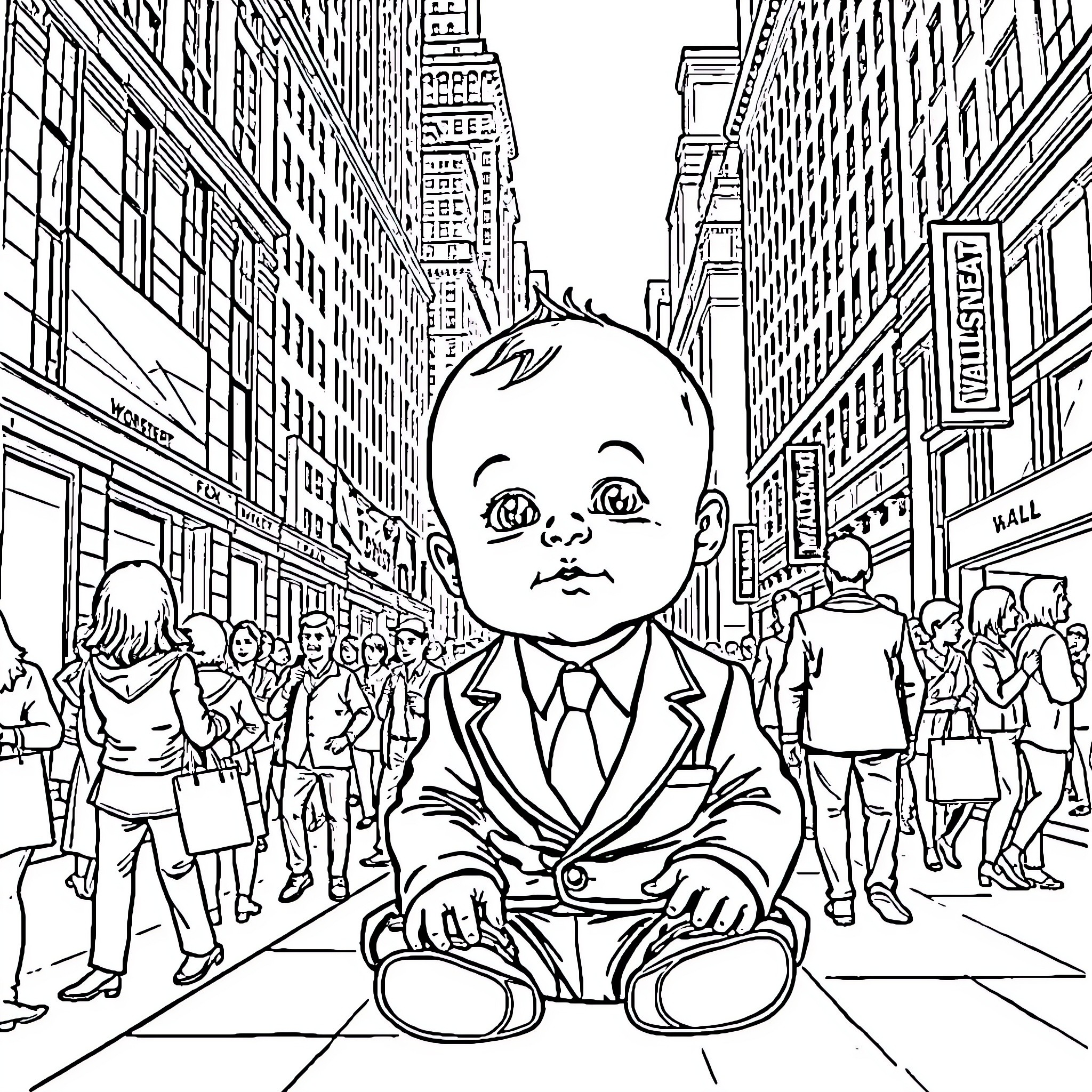 Baby businessman exploring bustling city streets Coloring Page (free black-and-white line drawing printable PDF for all, from beginners to advanced learners, including children, teens, adults, and seniors)