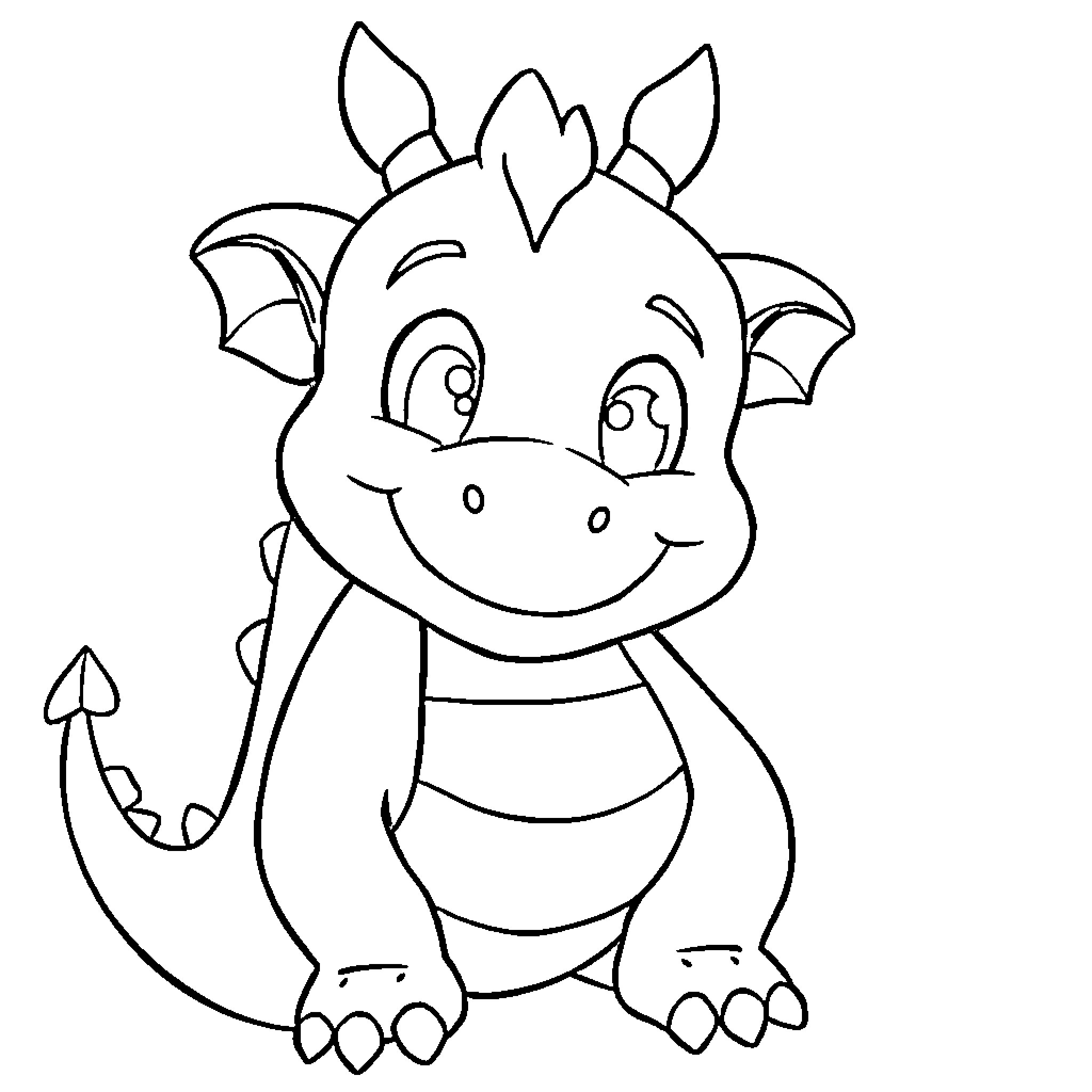 Dragon sitting with a happy and friendly expression Coloring Page (free black-and-white line drawing printable PDF for all, from beginners to advanced learners, including children, teens, adults, and seniors)