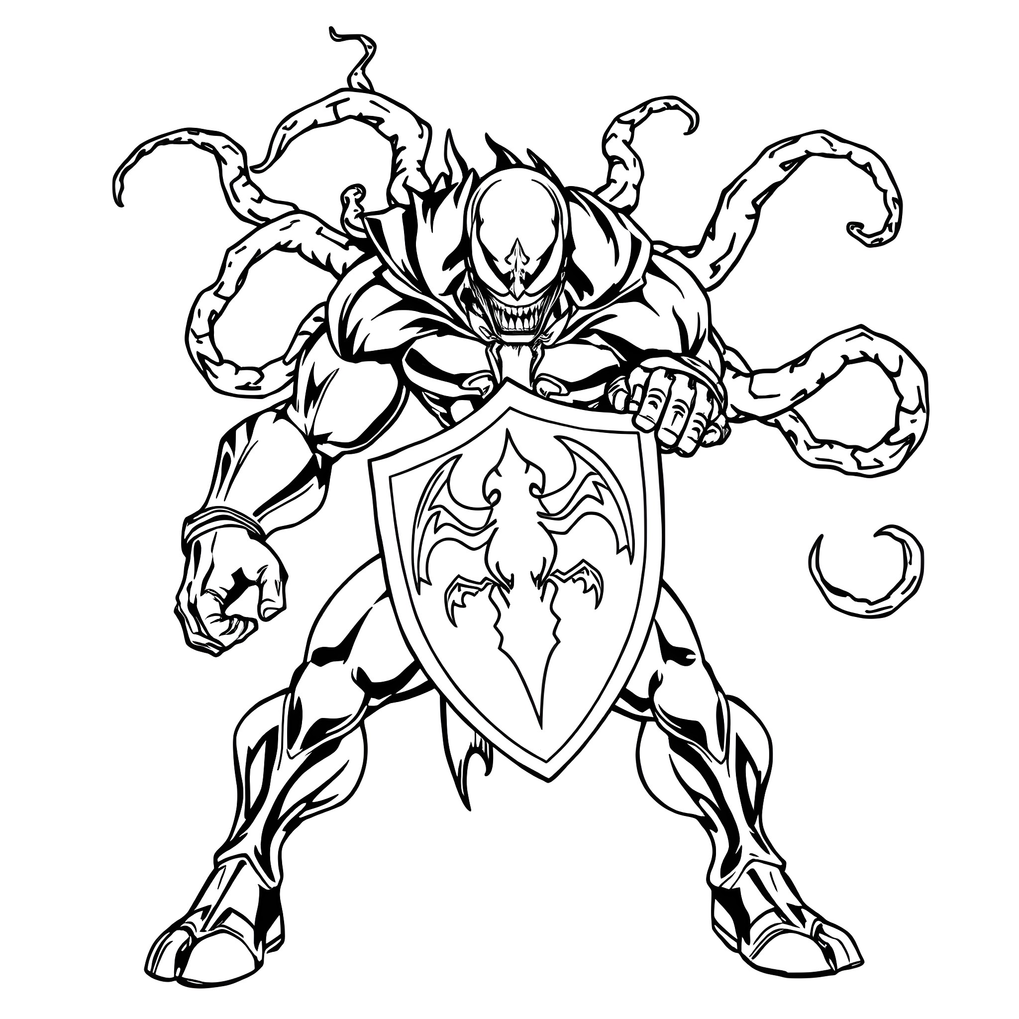 Captain Venom Defends with Mighty Shield Coloring Page (free black-and-white line drawing printable PDF for all, from beginners to advanced learners, including children, teens, adults, and seniors)