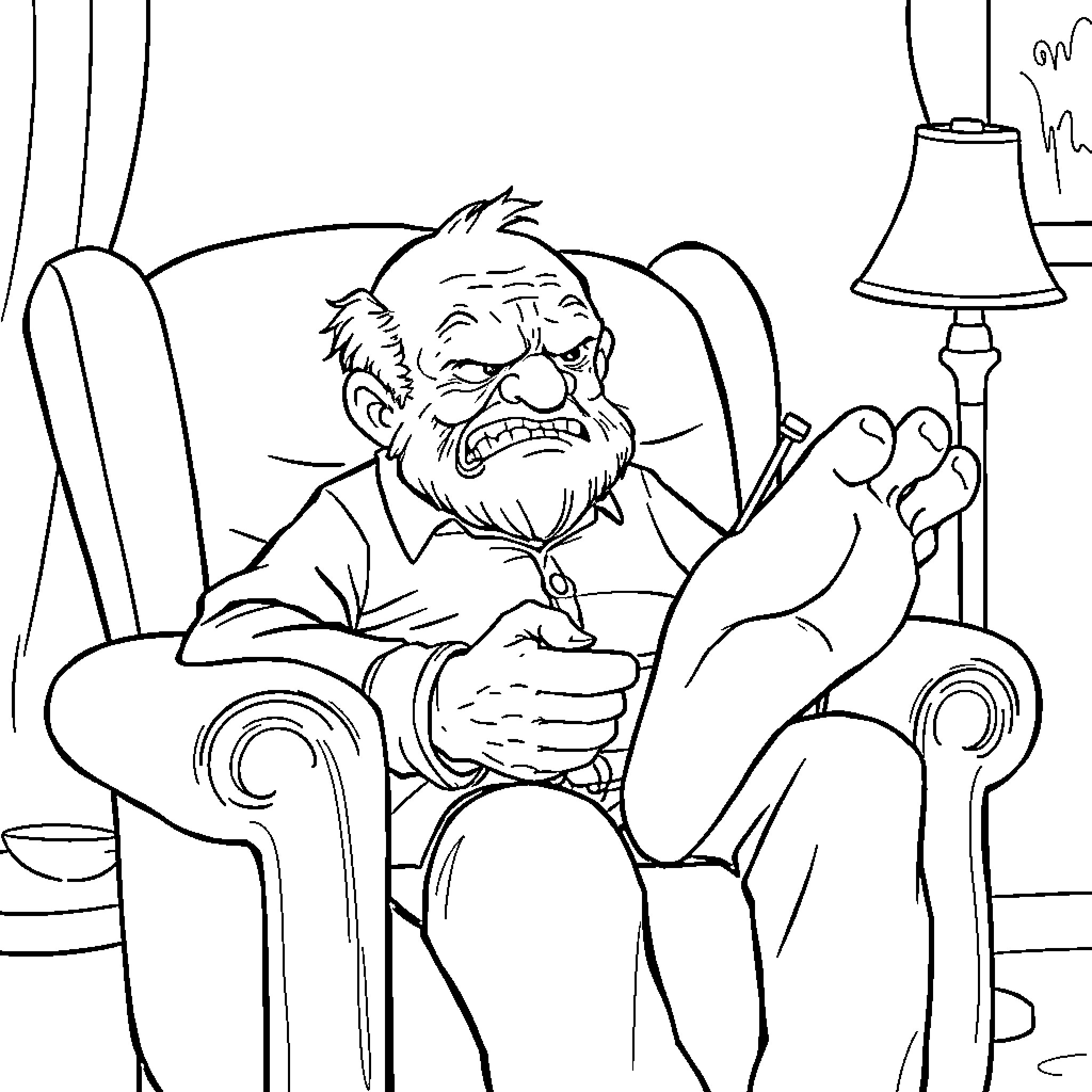 Grandpa relaxing in his armchair Coloring Page (free black-and-white line drawing printable PDF for all, from beginners to advanced learners, including children, teens, adults, and seniors)