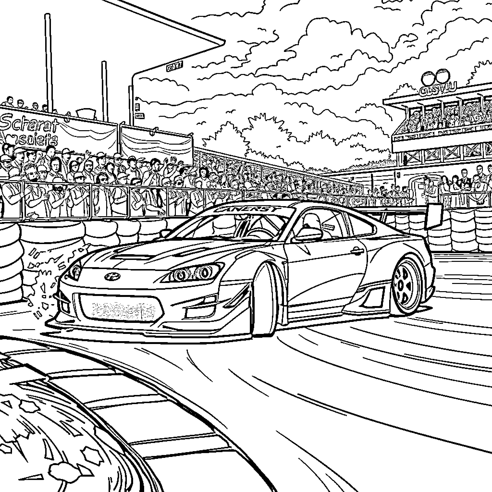 Car racing on track with crowd cheering Coloring Page (free black-and-white line drawing printable PDF for all, from beginners to advanced learners, including children, teens, adults, and seniors)