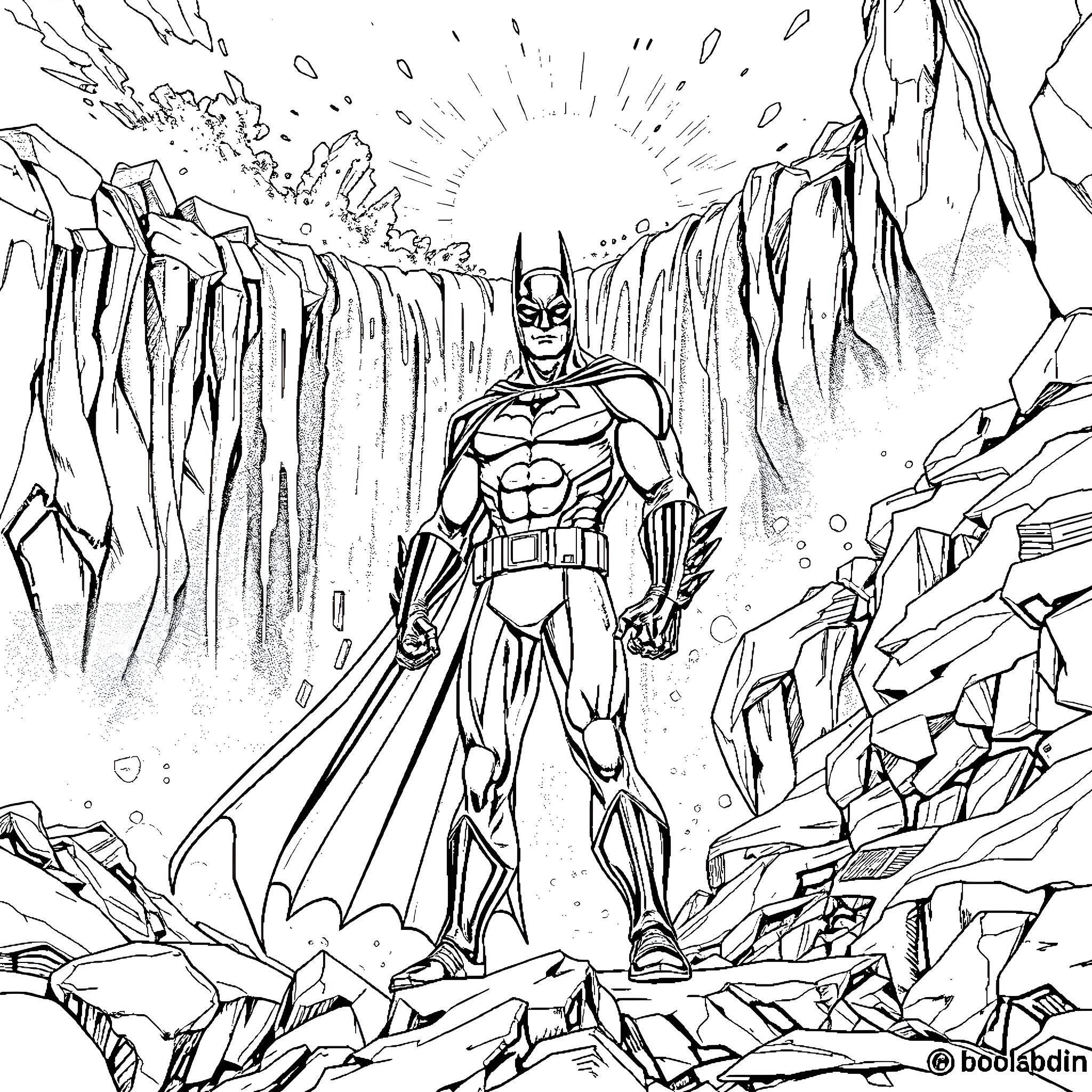 Batman heroically stands amidst a dramatic landscape Coloring Page (free black-and-white line drawing printable PDF for all, from beginners to advanced learners, including children, teens, adults, and seniors)