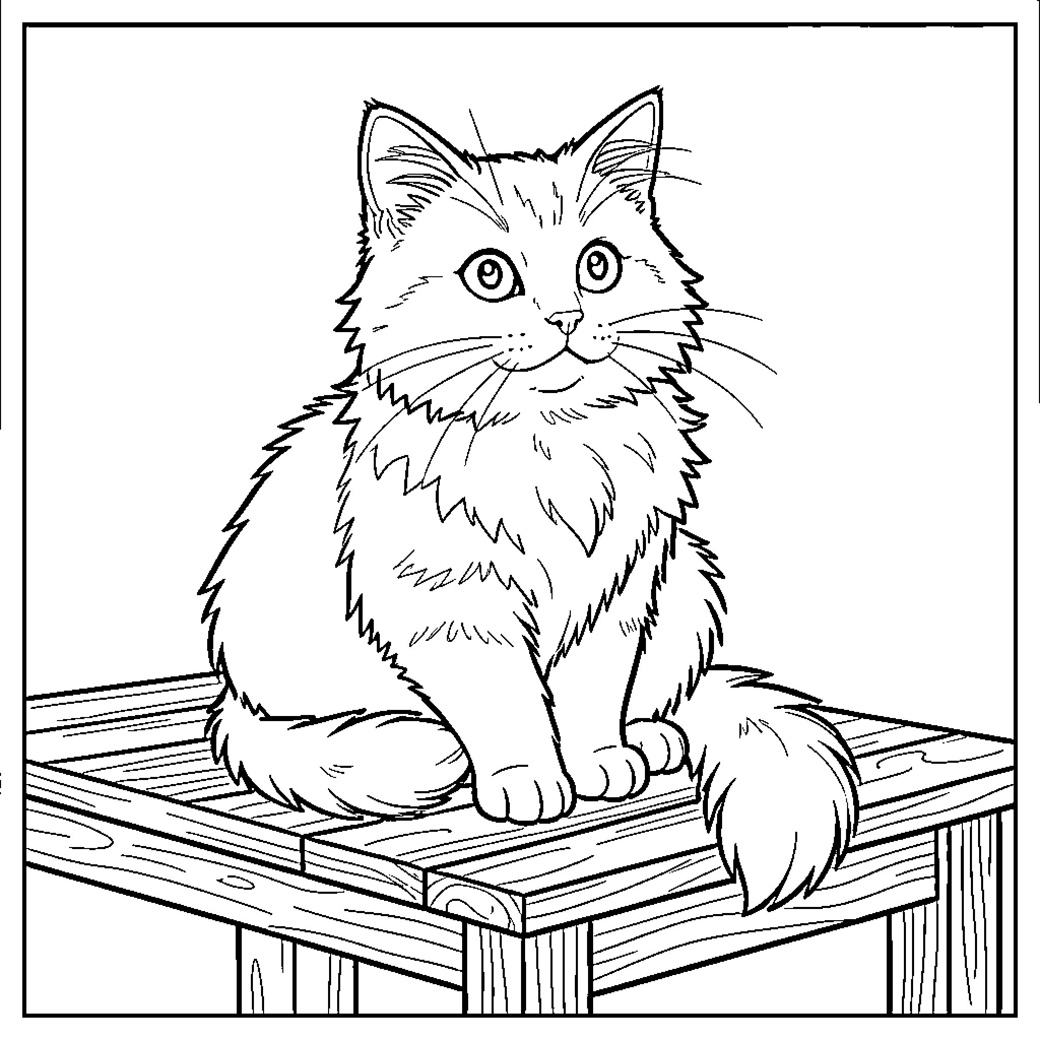 Cat sitting on wooden platform Coloring Page (free black-and-white line drawing printable PDF for all, from beginners to advanced learners, including children, teens, adults, and seniors)