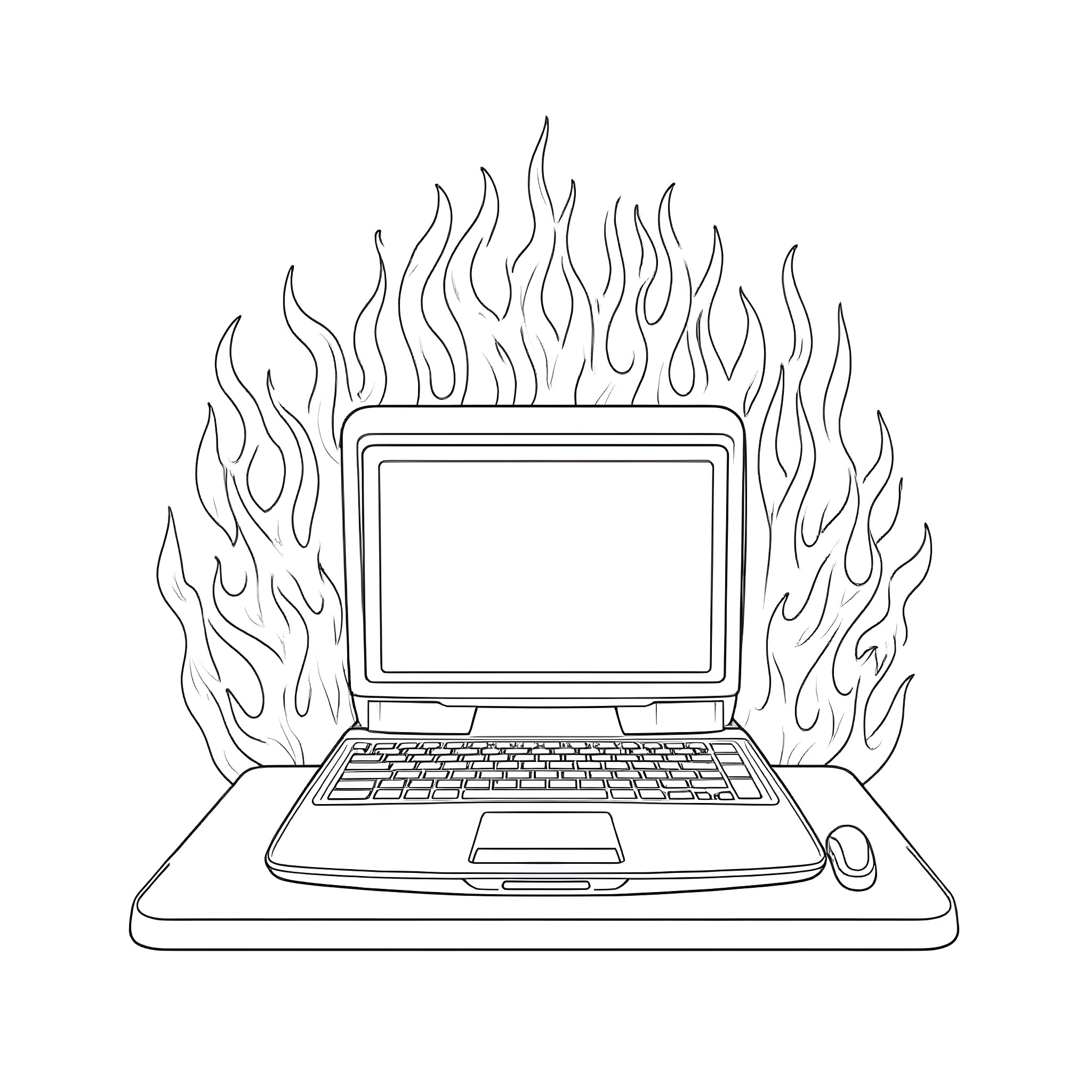 Computer Laptop Burning with Flames Coloring Page (free black-and-white line drawing printable PDF for all, from beginners to advanced learners, including children, teens, adults, and seniors)