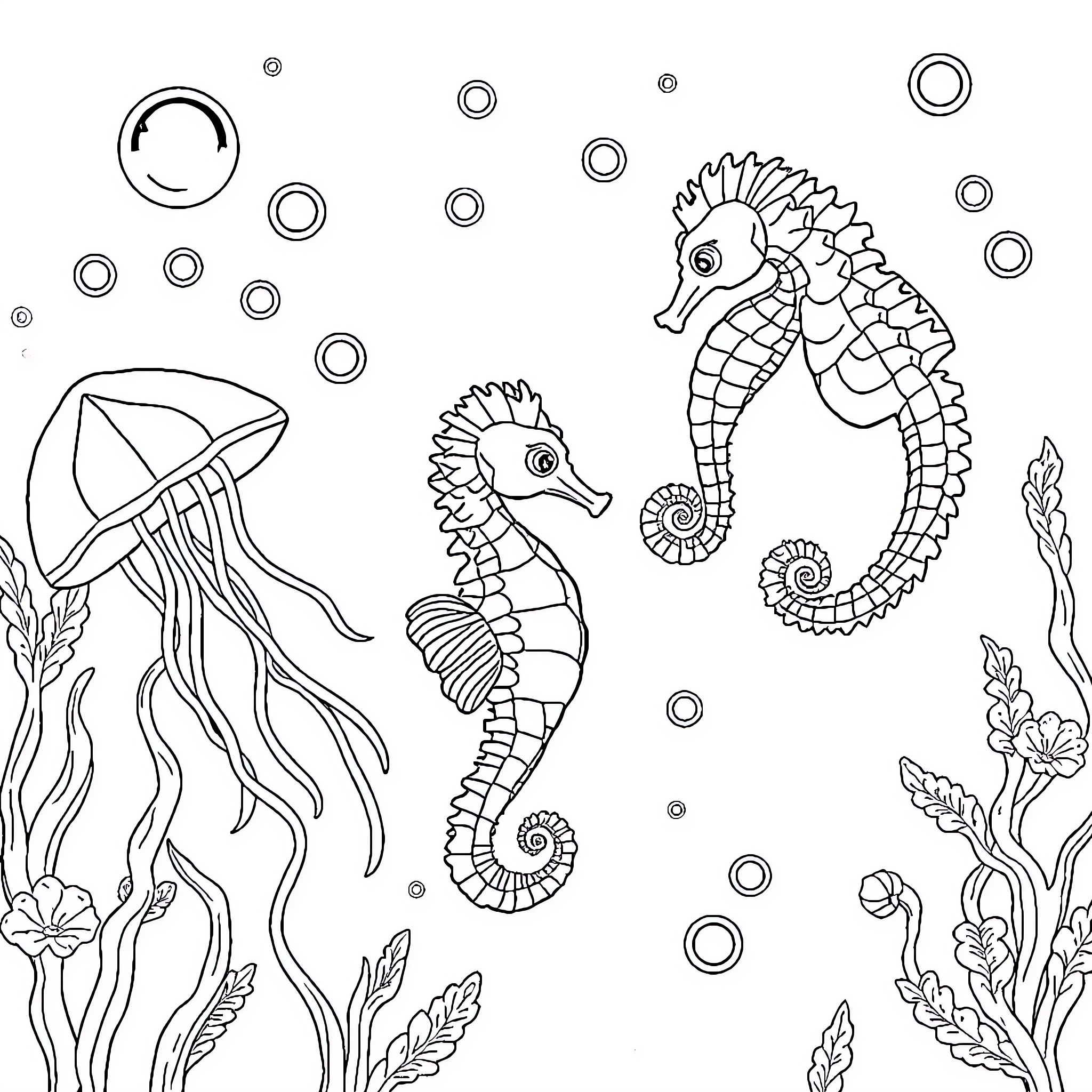 Jellyfish and seahorses swimming in the ocean Coloring Page (free black-and-white line drawing printable PDF for all, from beginners to advanced learners, including children, teens, adults, and seniors)
