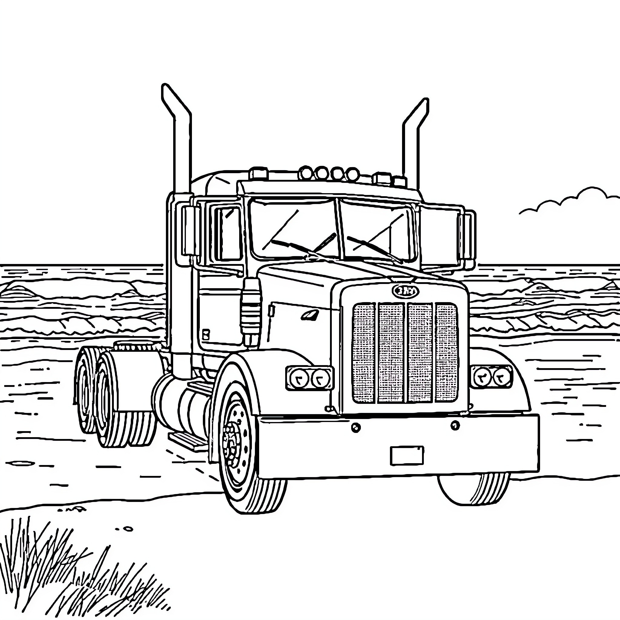 Peterbilt truck driving through the countryside Coloring Page (free black-and-white line drawing printable PDF for all, from beginners to advanced learners, including children, teens, adults, and seniors)