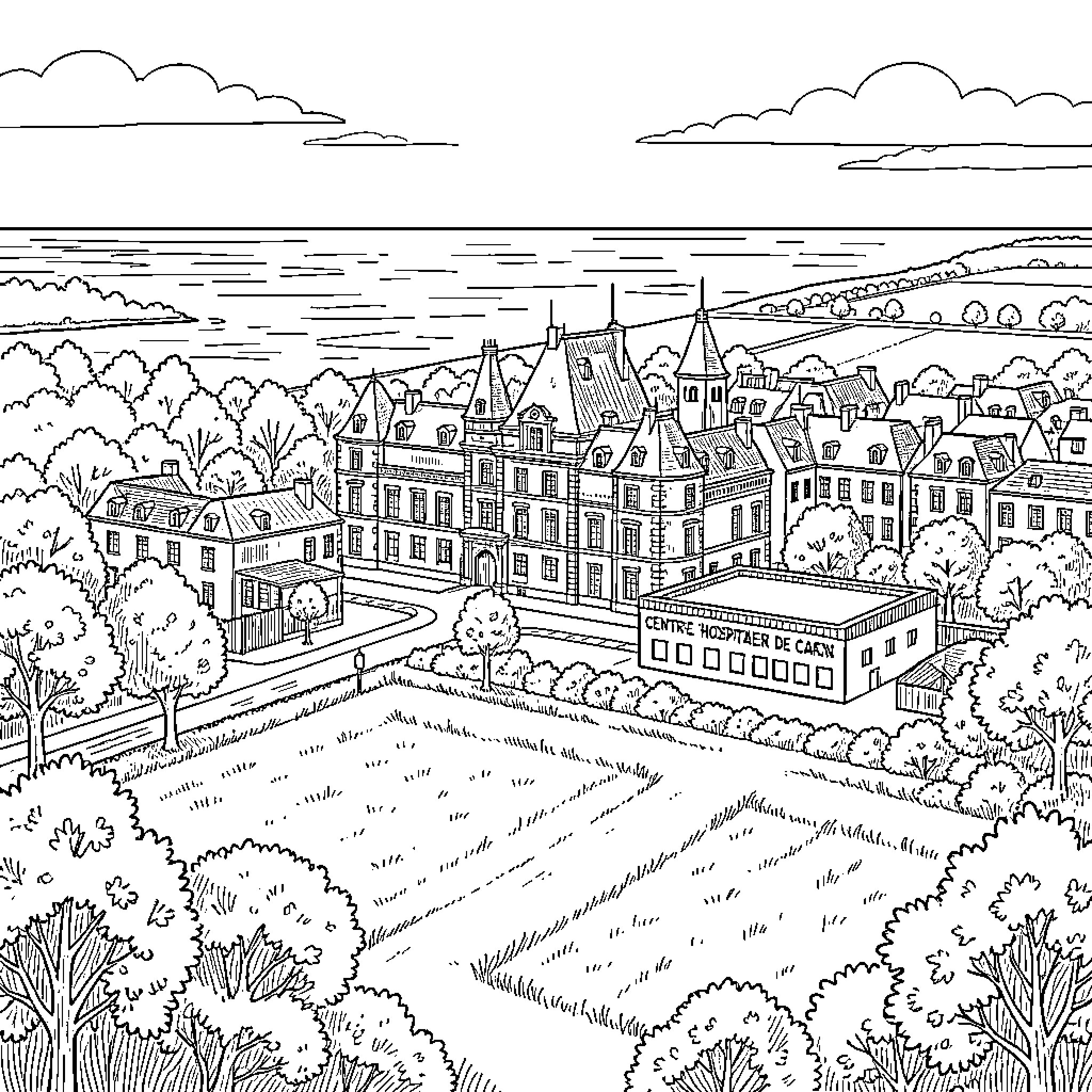 Château overlooking a peaceful coastal landscape Coloring Page (free black-and-white line drawing printable PDF for all, from beginners to advanced learners, including children, teens, adults, and seniors)