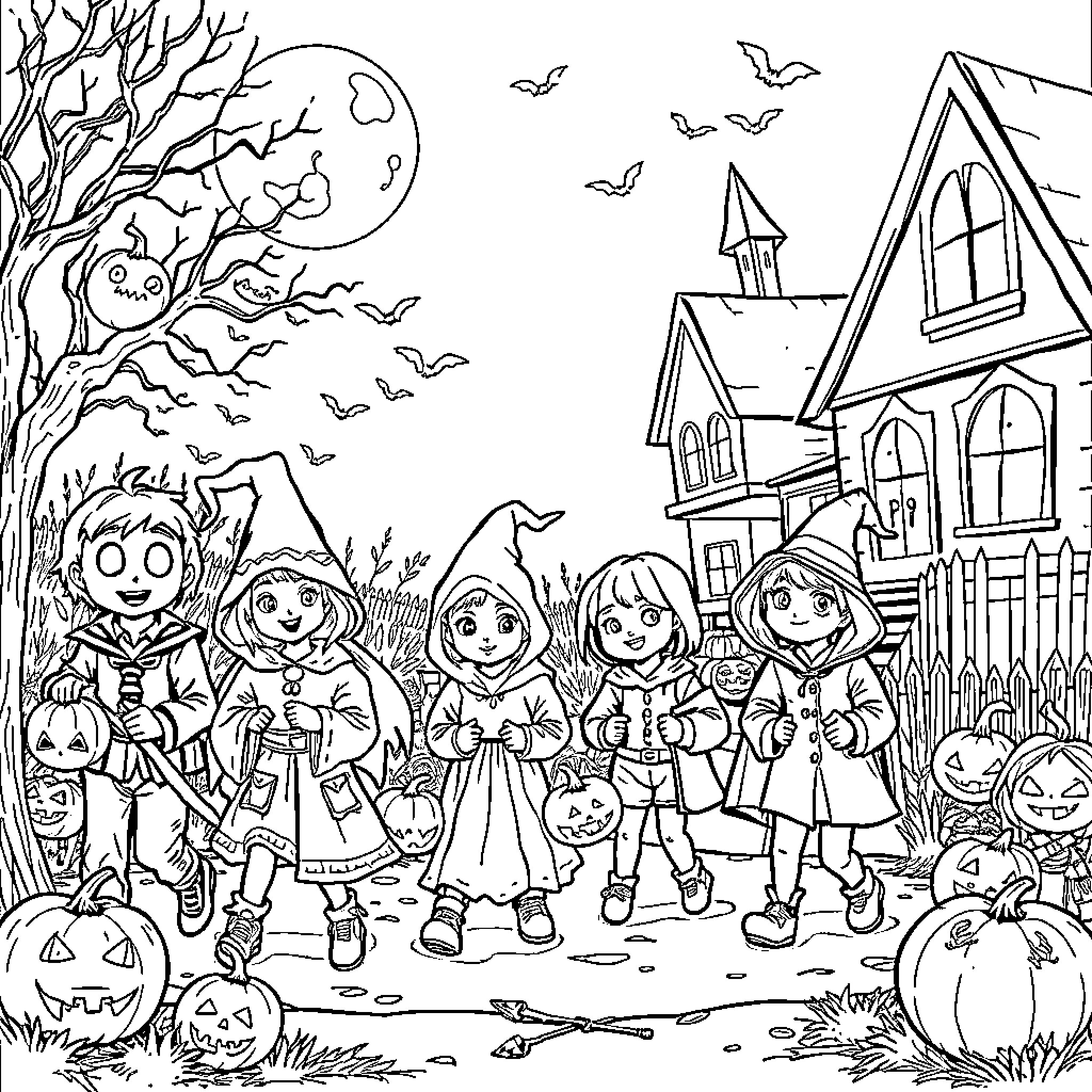 Halloween celebration with children in costumes Coloring Page (free black-and-white line drawing printable PDF for all, from beginners to advanced learners, including children, teens, adults, and seniors)