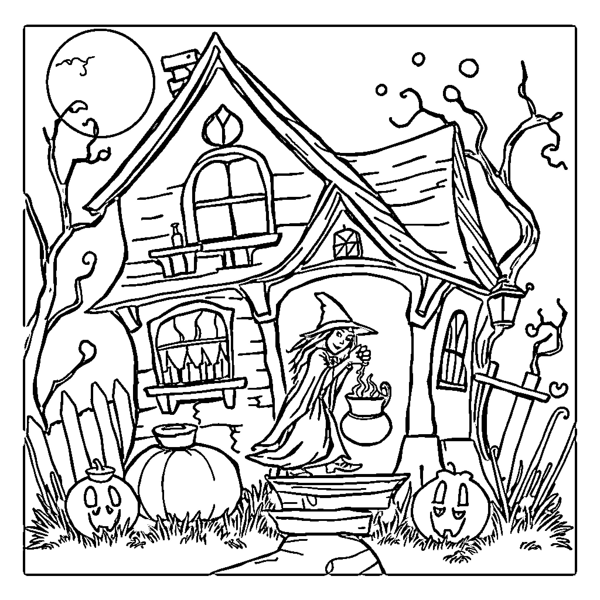 Witch preparing spells in a haunted house Coloring Page (free black-and-white line drawing printable PDF for all, from beginners to advanced learners, including children, teens, adults, and seniors)