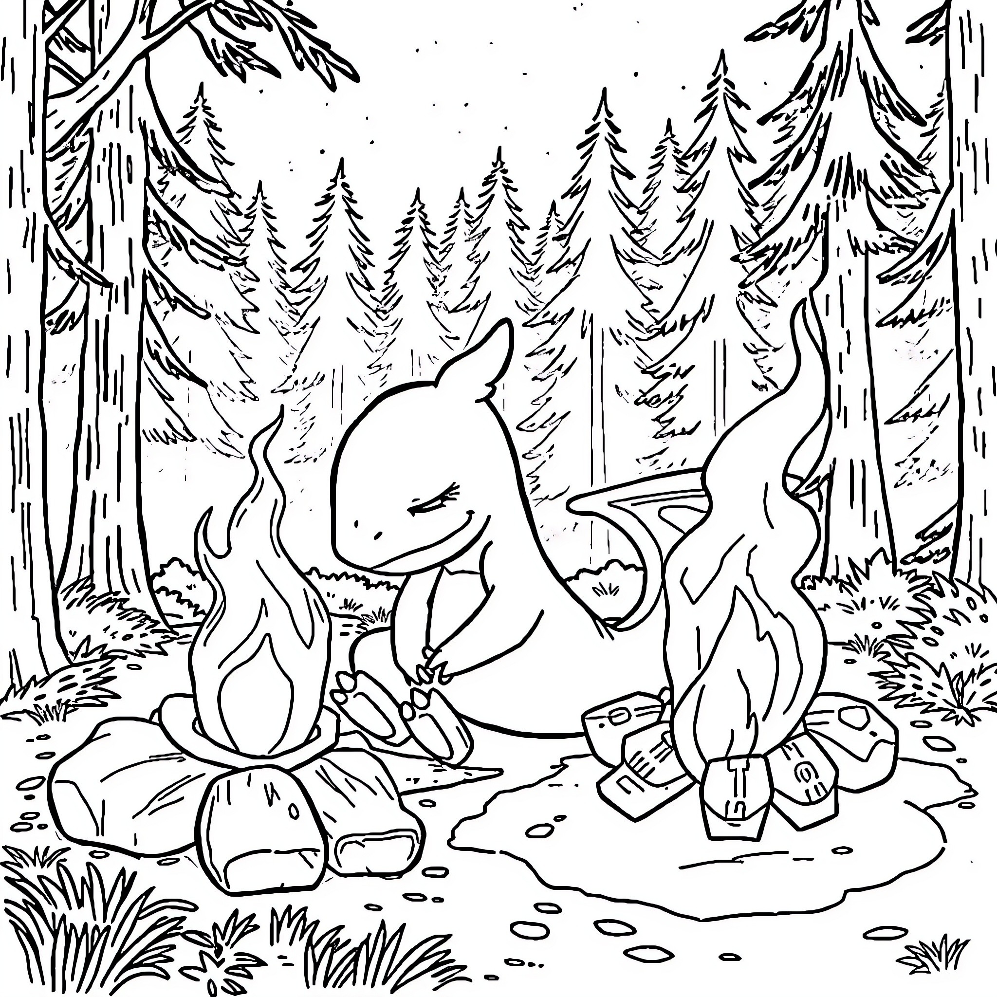 Charmander's adventure in the forest Coloring Page (free black-and-white line drawing printable PDF for all, from beginners to advanced learners, including children, teens, adults, and seniors)