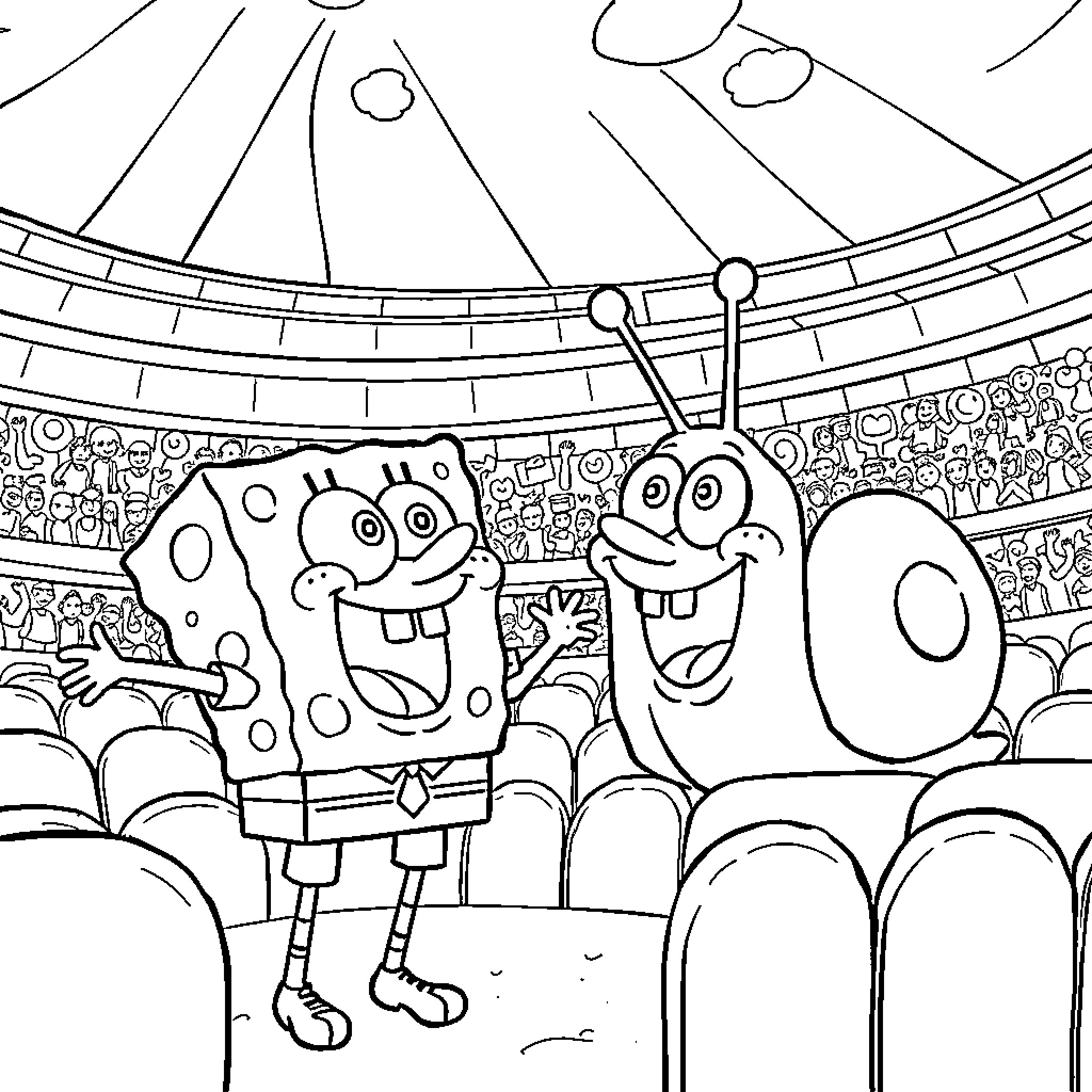 Spongebob and Gary attend a performance on stage Coloring Page (free black-and-white line drawing printable PDF for all, from beginners to advanced learners, including children, teens, adults, and seniors)