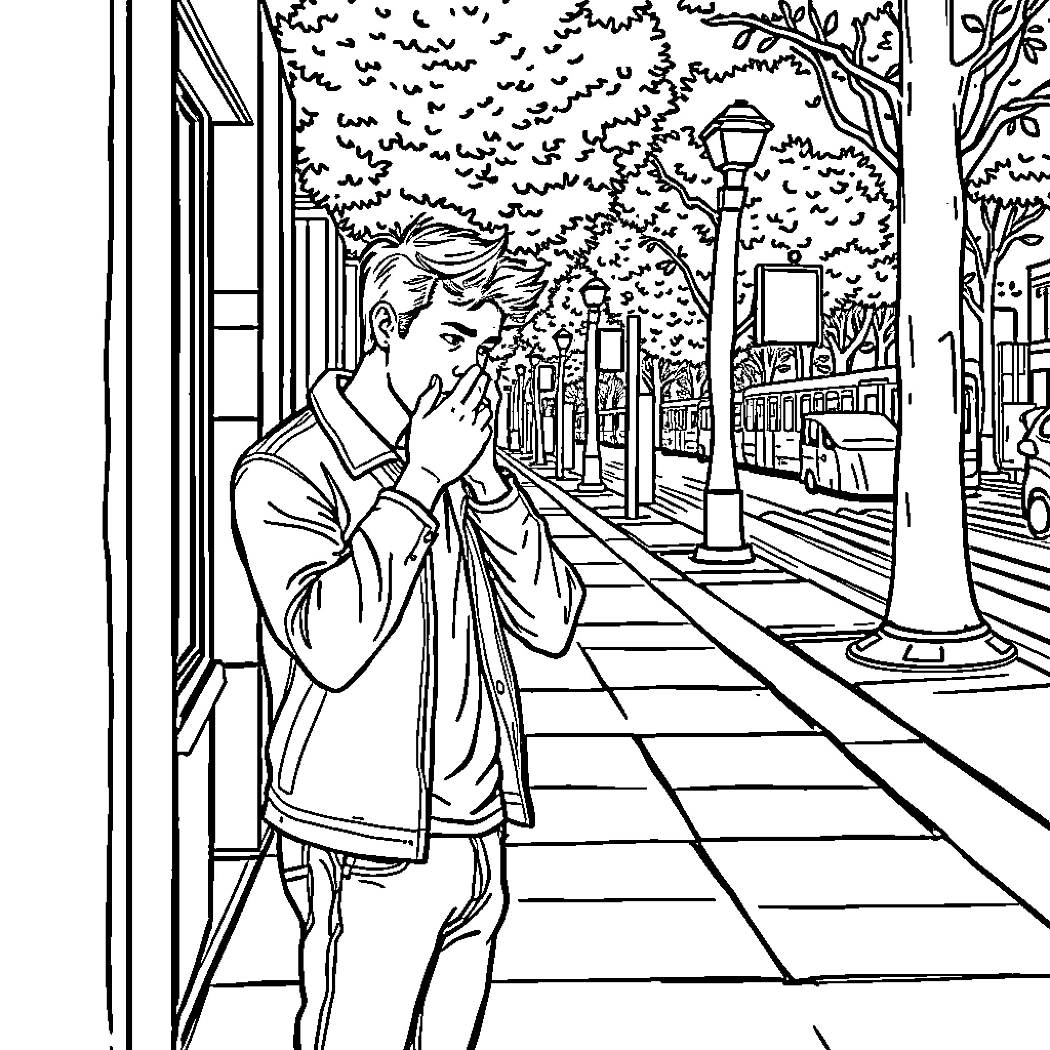 Person walking alone in a city street Coloring Page (free black-and-white line drawing printable PDF for all, from beginners to advanced learners, including children, teens, adults, and seniors)