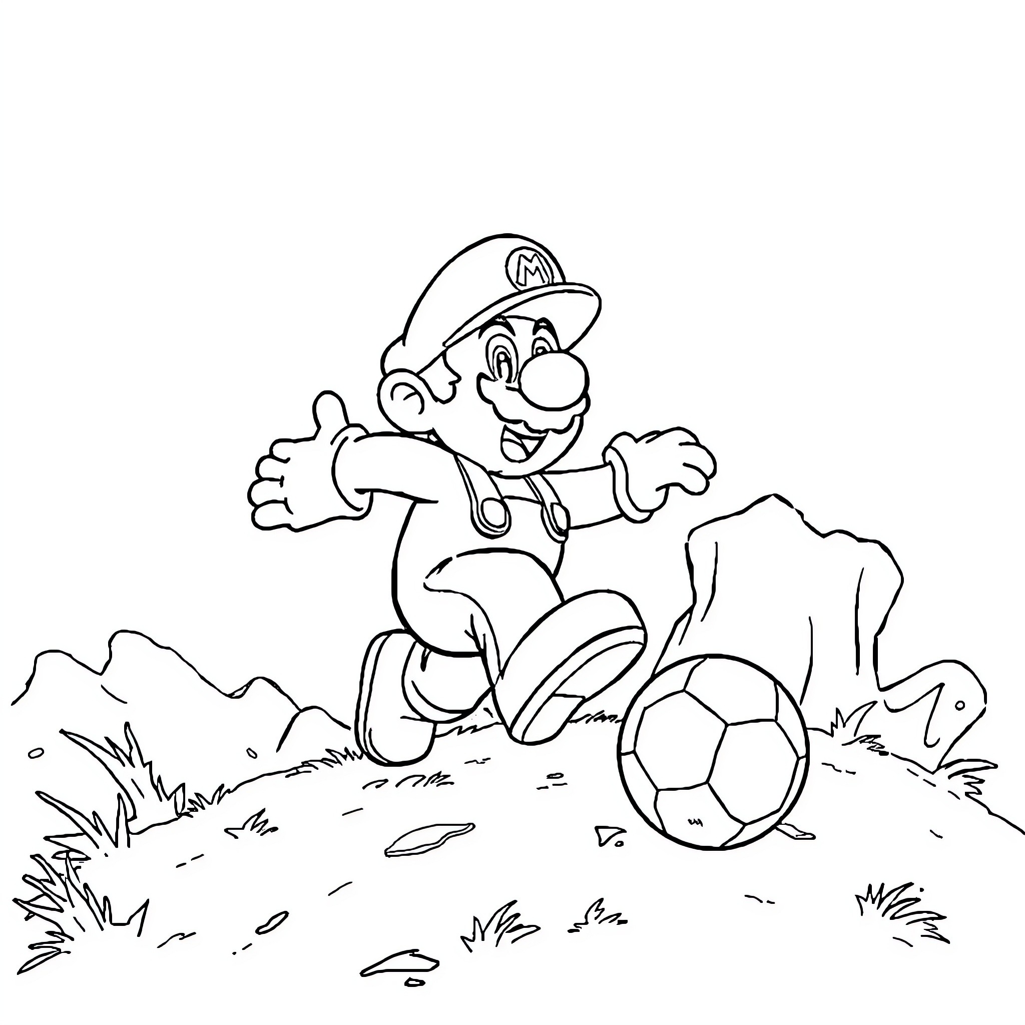 Mario Playing Soccer in Outdoor Setting Coloring Page (free black-and-white line drawing printable PDF for all, from beginners to advanced learners, including children, teens, adults, and seniors)