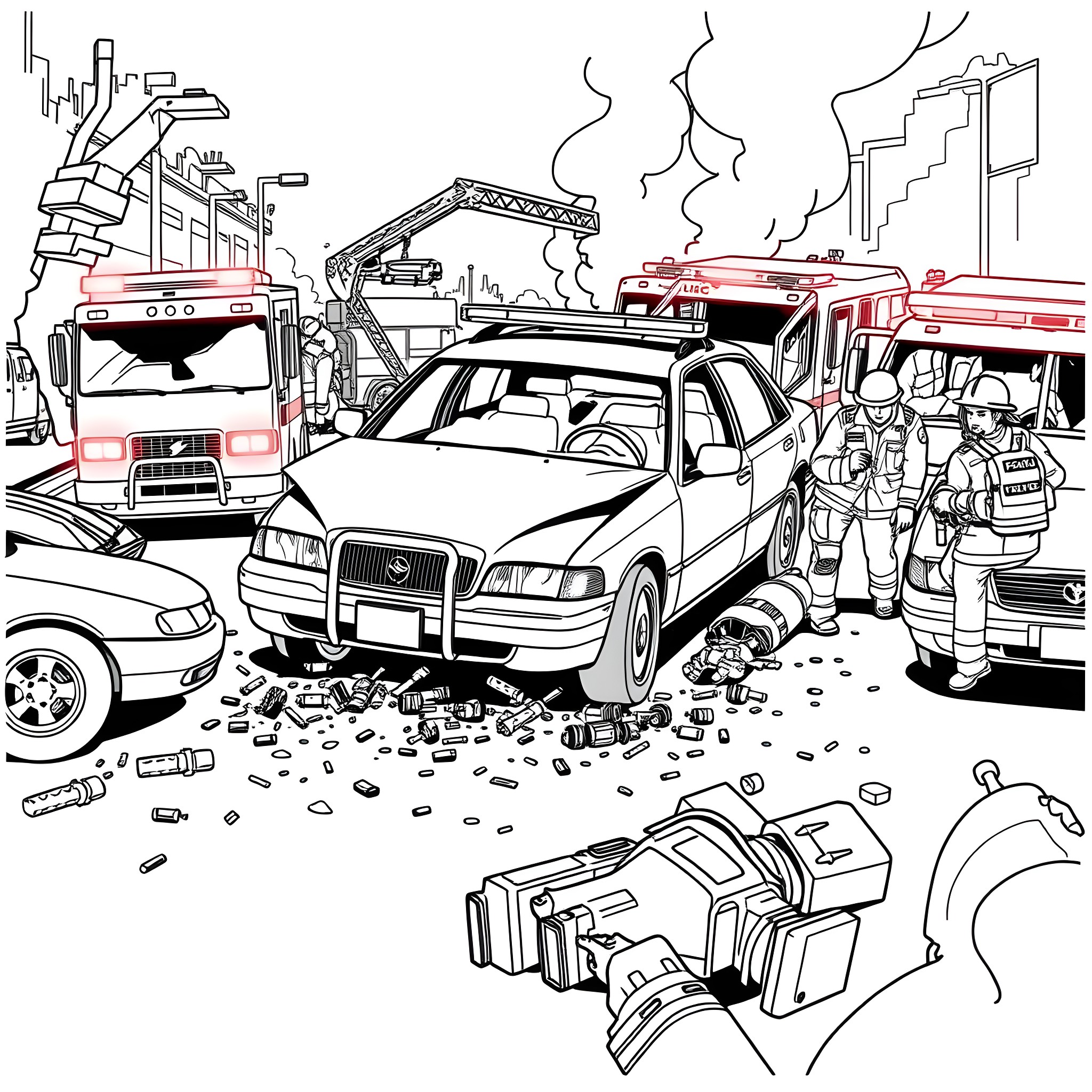 Car Crash Scene with Emergency Responders Coloring Page (free black-and-white line drawing printable PDF for all, from beginners to advanced learners, including children, teens, adults, and seniors)
