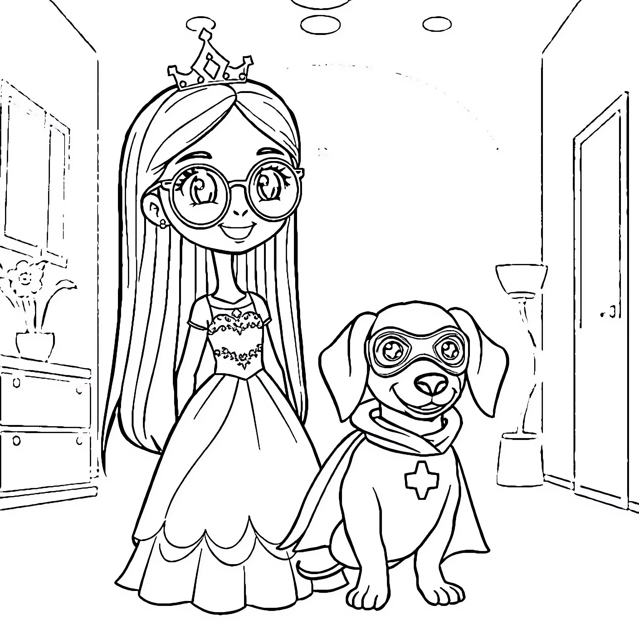 Princess and her Puppy in the Palace Coloring Page (free black-and-white line drawing printable PDF for all, from beginners to advanced learners, including children, teens, adults, and seniors)