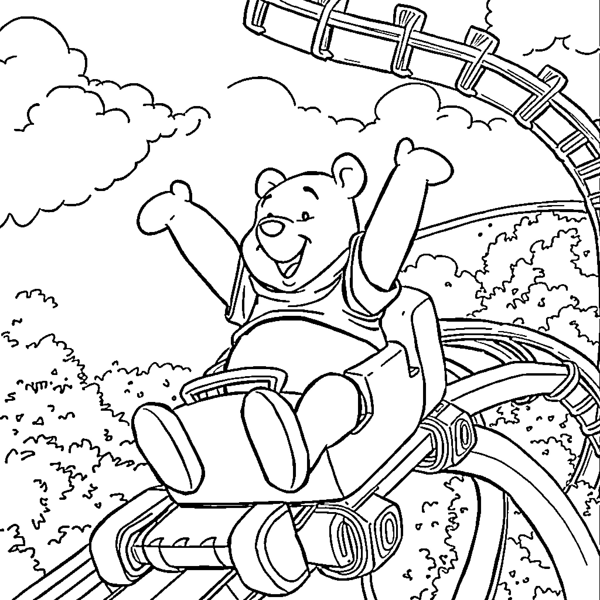 Winnie The Pooh enjoying a thrilling roller coaster ride Coloring Page (free black-and-white line drawing printable PDF for all, from beginners to advanced learners, including children, teens, adults, and seniors)