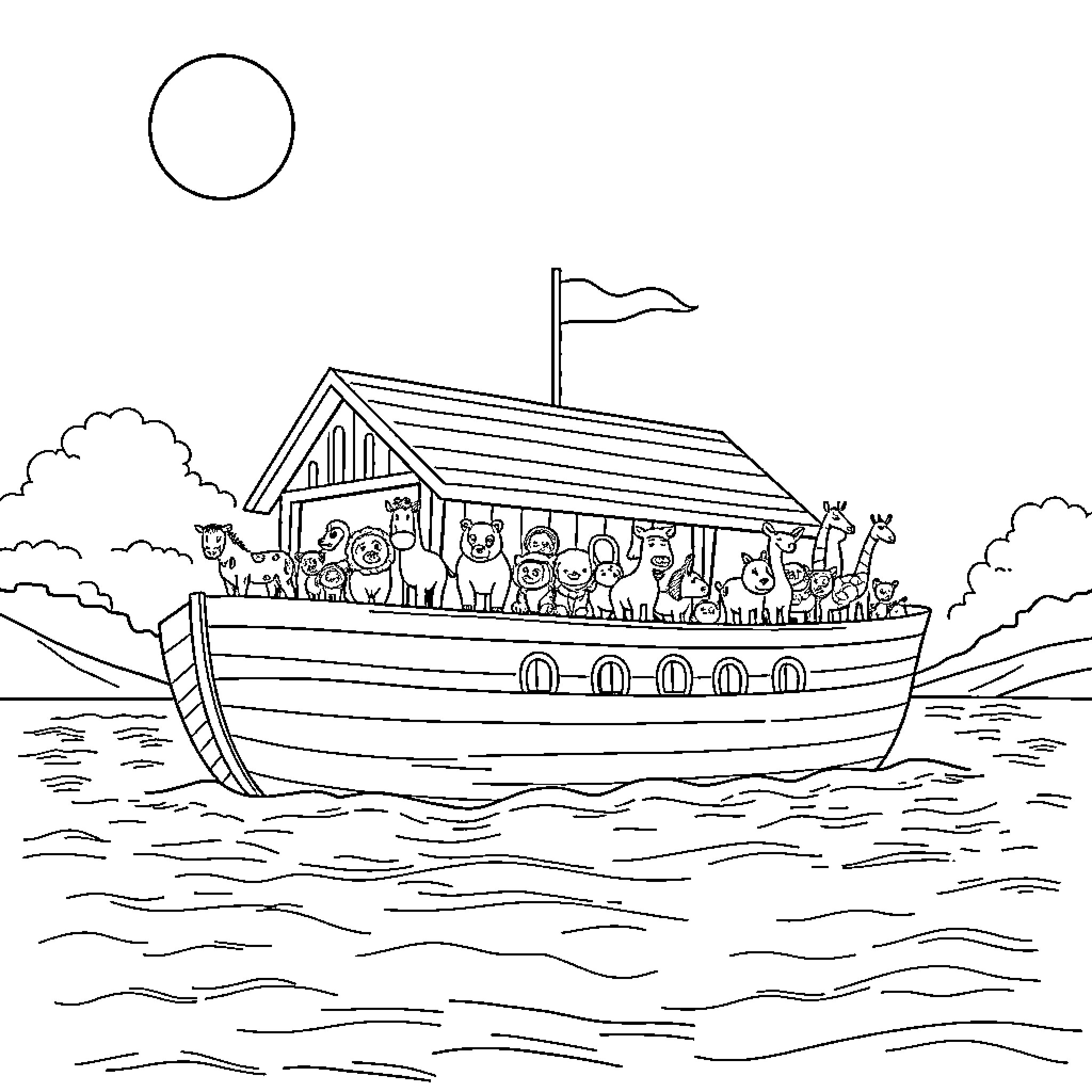 Noah's Ark Filled with Various Animals Sailing on the Sea Coloring Page (free black-and-white line drawing printable PDF for all, from beginners to advanced learners, including children, teens, adults, and seniors)