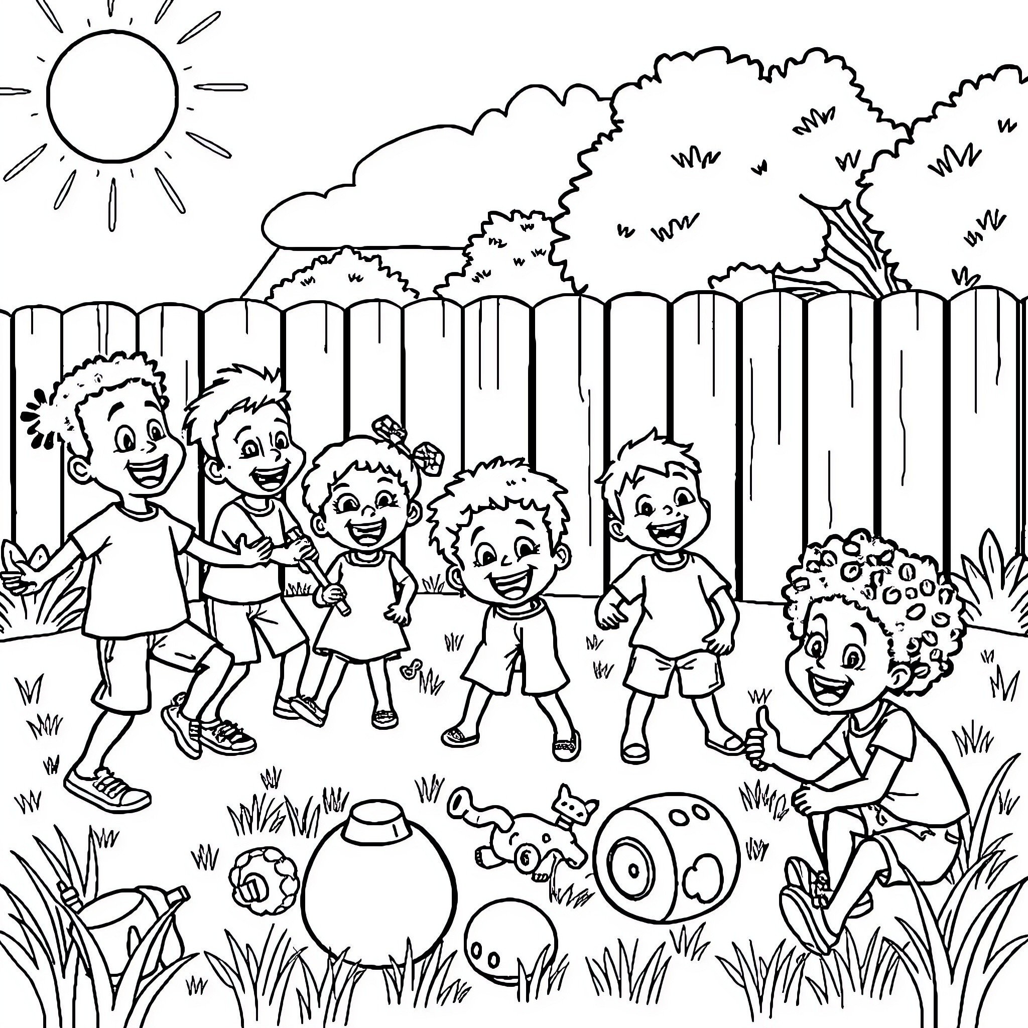 Children playing happily in the backyard Coloring Page (free black-and-white line drawing printable PDF for all, from beginners to advanced learners, including children, teens, adults, and seniors)