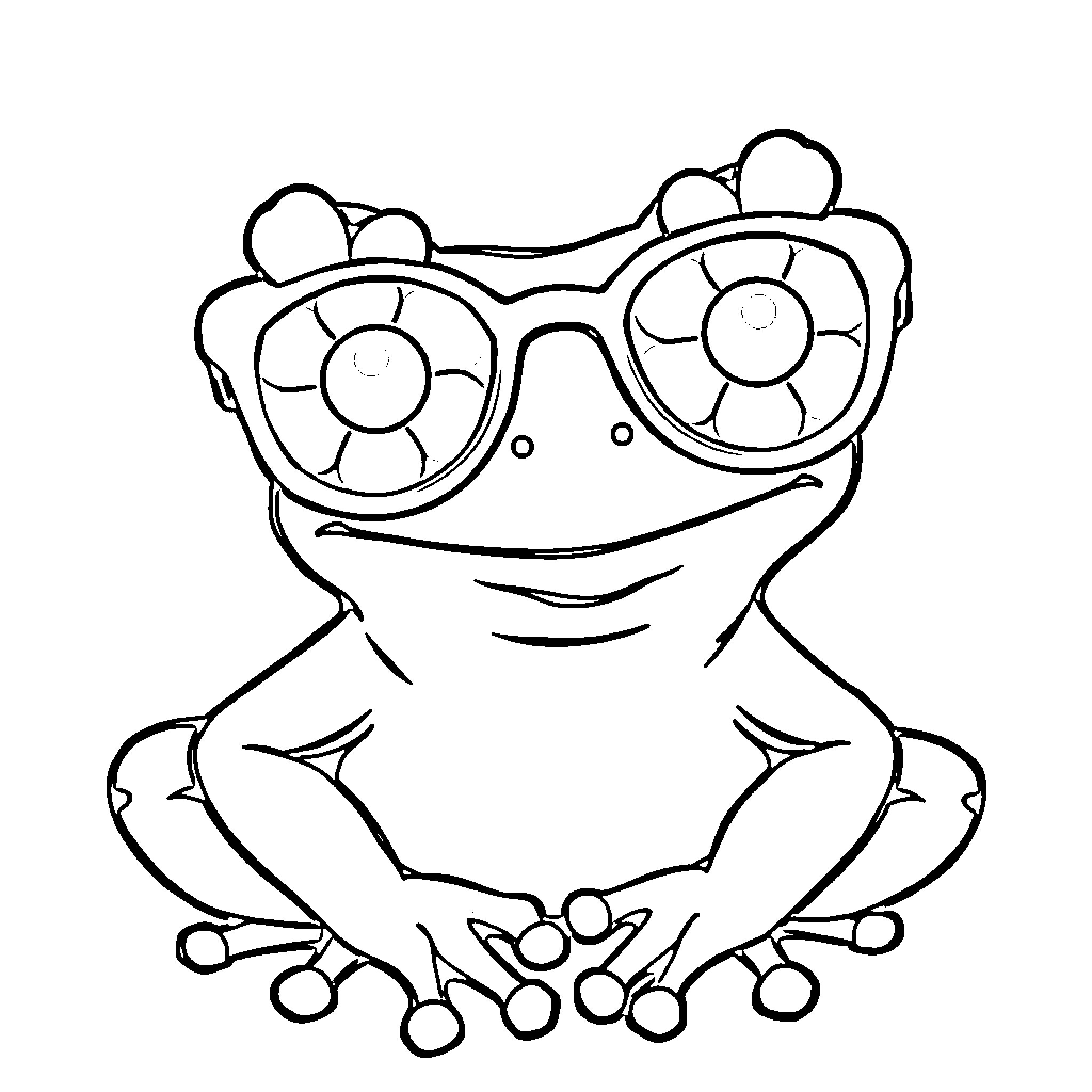 Frog wearing flower-patterned glasses Coloring Page (free black-and-white line drawing printable PDF for all, from beginners to advanced learners, including children, teens, adults, and seniors)