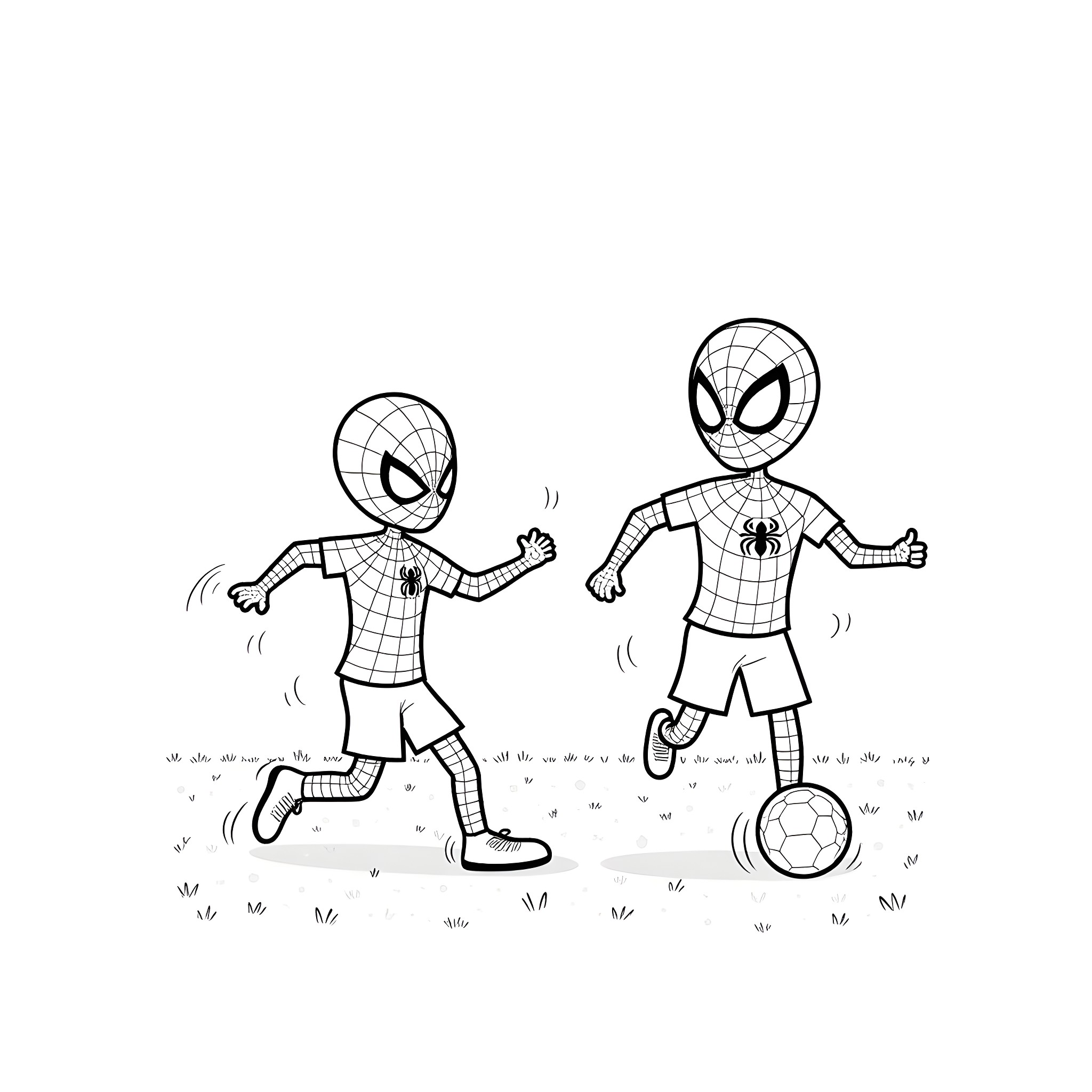 Bluey playing soccer with Spider-Man Coloring Page (free black-and-white line drawing printable PDF for all, from beginners to advanced learners, including children, teens, adults, and seniors)