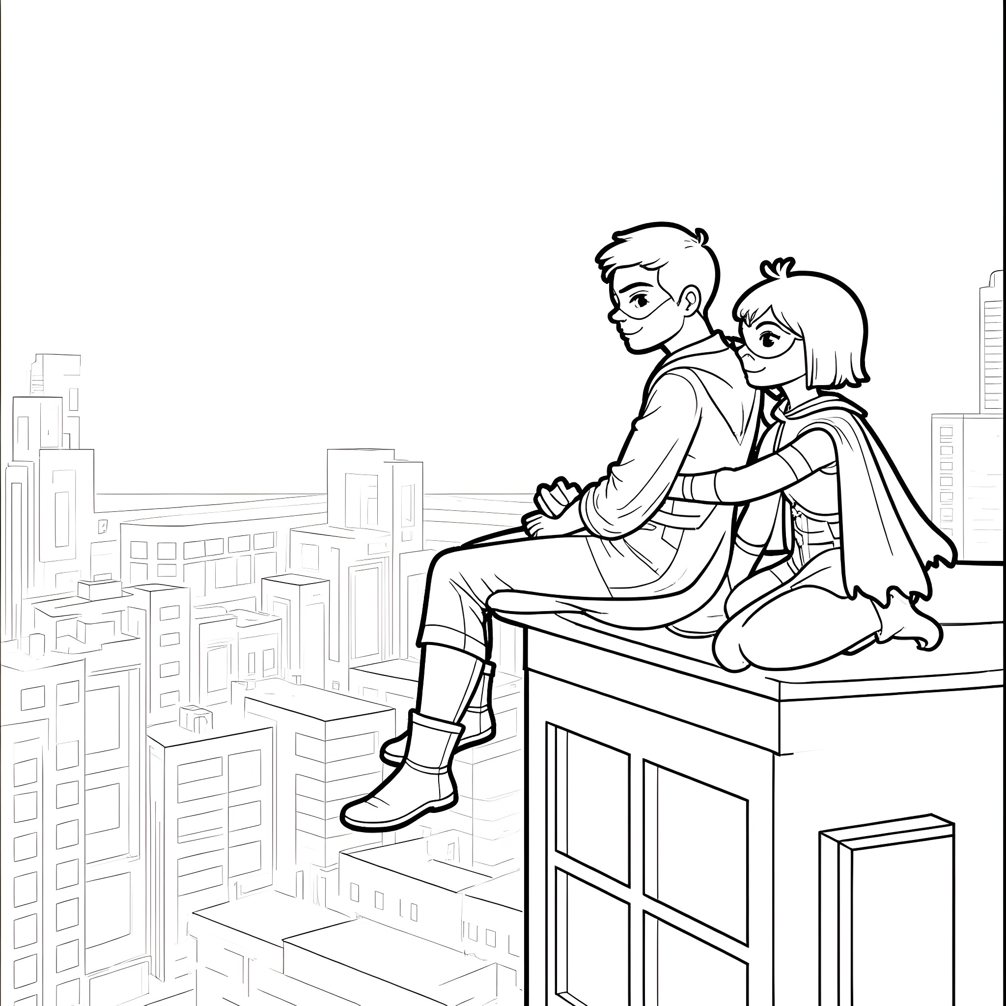 Nightwing overlooking the city with a friend Coloring Page (free black-and-white line drawing printable PDF for all, from beginners to advanced learners, including children, teens, adults, and seniors)