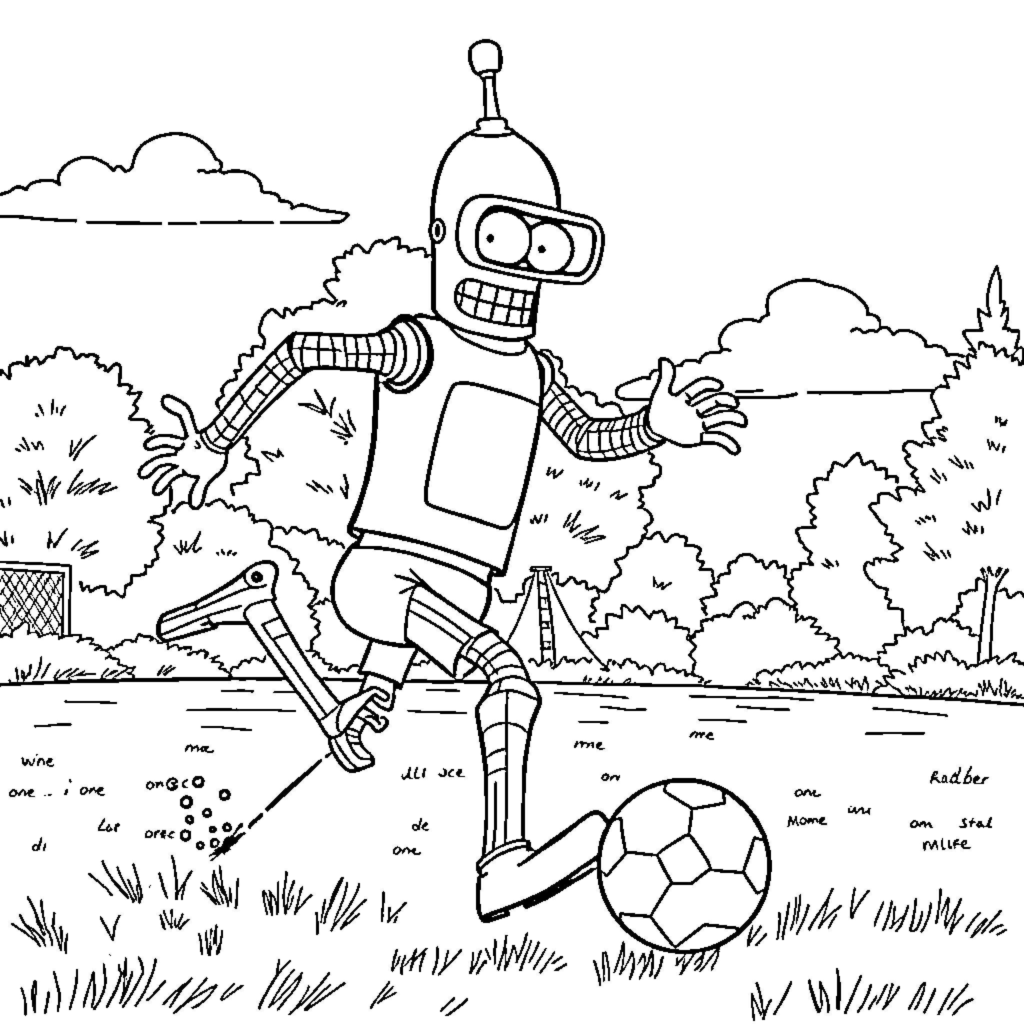 Bender playing soccer in the park Coloring Page (free black-and-white line drawing printable PDF for all, from beginners to advanced learners, including children, teens, adults, and seniors)