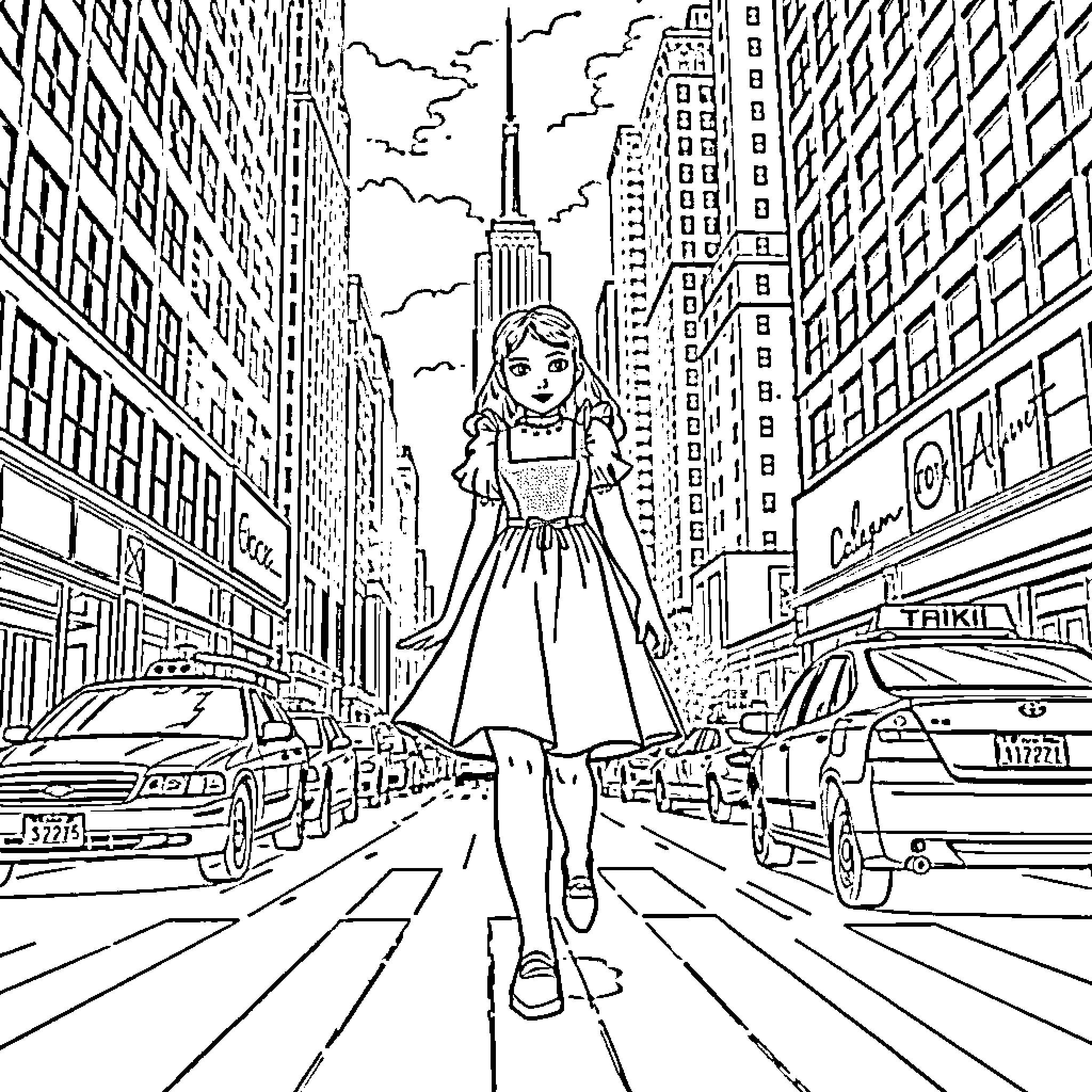 Dorothy's Whimsical Adventure in the City Coloring Page (free black-and-white line drawing printable PDF for all, from beginners to advanced learners, including children, teens, adults, and seniors)