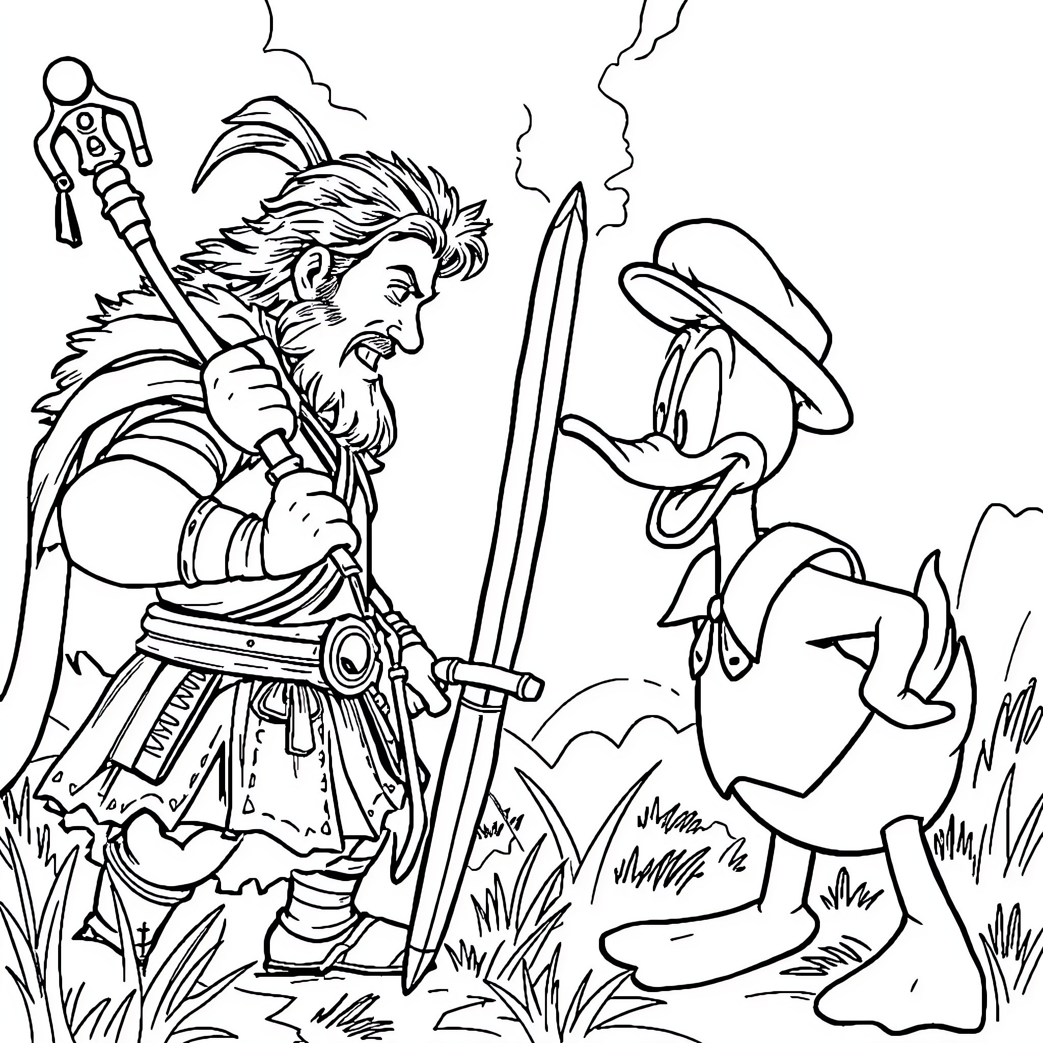 William Wallace battles a comical foe in the wilderness Coloring Page (free black-and-white line drawing printable PDF for all, from beginners to advanced learners, including children, teens, adults, and seniors)