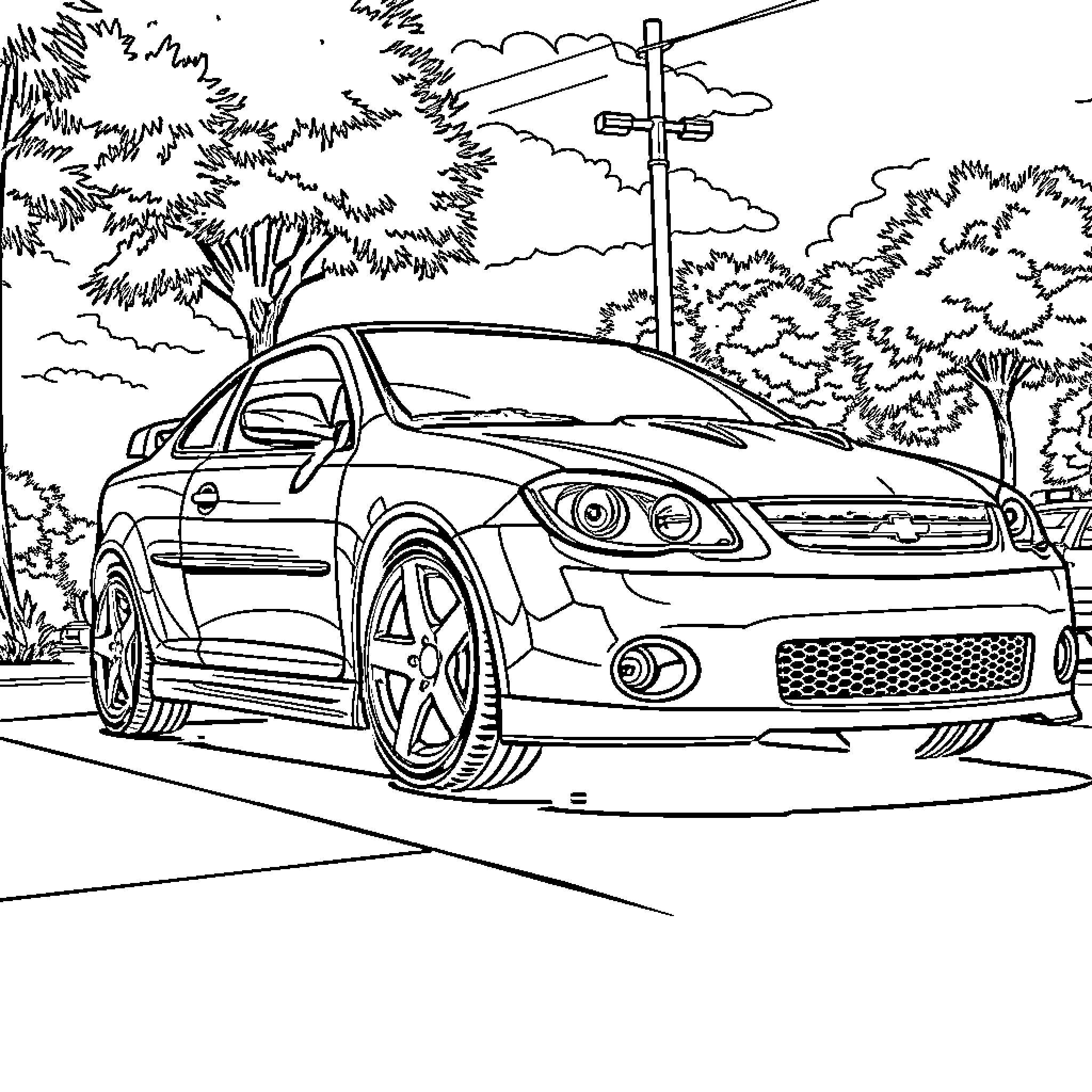 Chevrolet Cobalt on a scenic road in the park Coloring Page (free black-and-white line drawing printable PDF for all, from beginners to advanced learners, including children, teens, adults, and seniors)