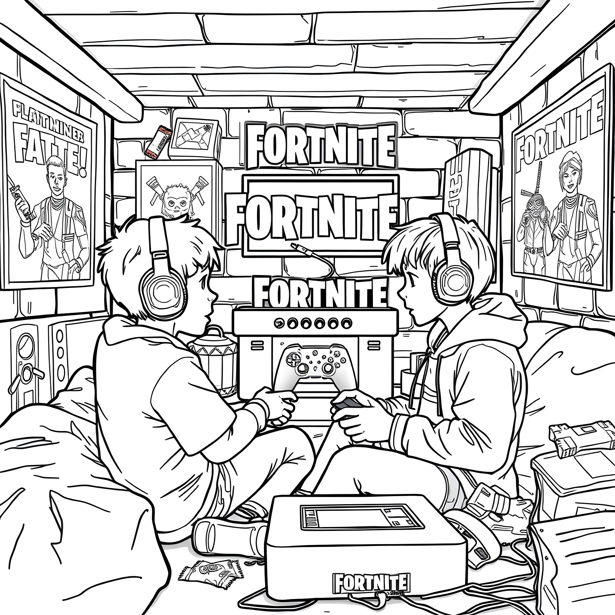 Kids playing Fortnite video game in gaming room Coloring Page (free black-and-white line drawing printable PDF for all, from beginners to advanced learners, including children, teens, adults, and seniors)