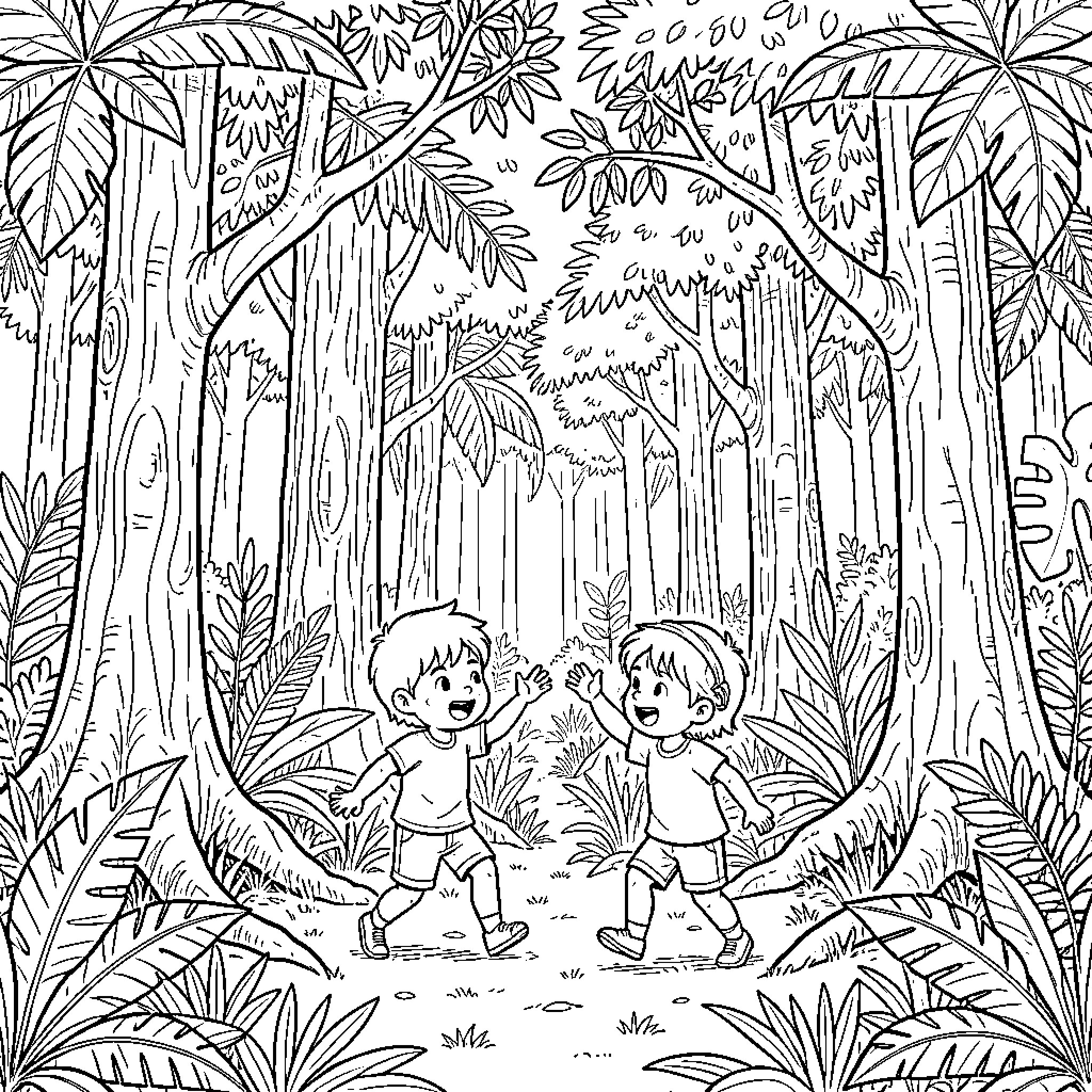 Child friends walking and waving in the jungle Coloring Page (free black-and-white line drawing printable PDF for all, from beginners to advanced learners, including children, teens, adults, and seniors)