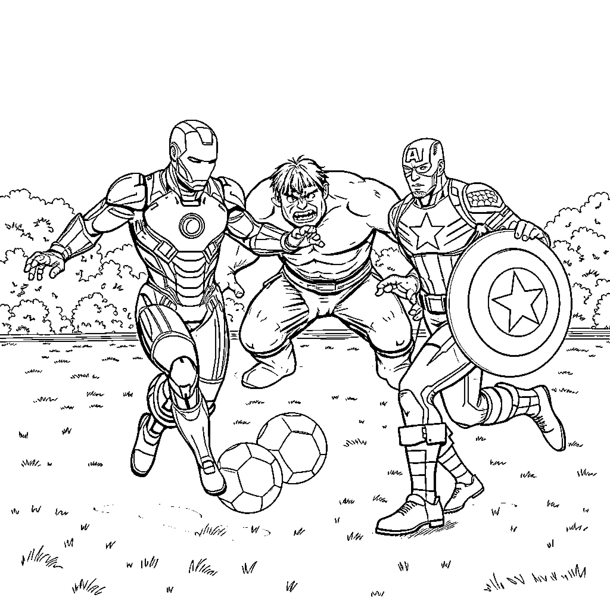 Iron Man and Superhero Friends Playing Soccer Coloring Page (free black-and-white line drawing printable PDF for all, from beginners to advanced learners, including children, teens, adults, and seniors)