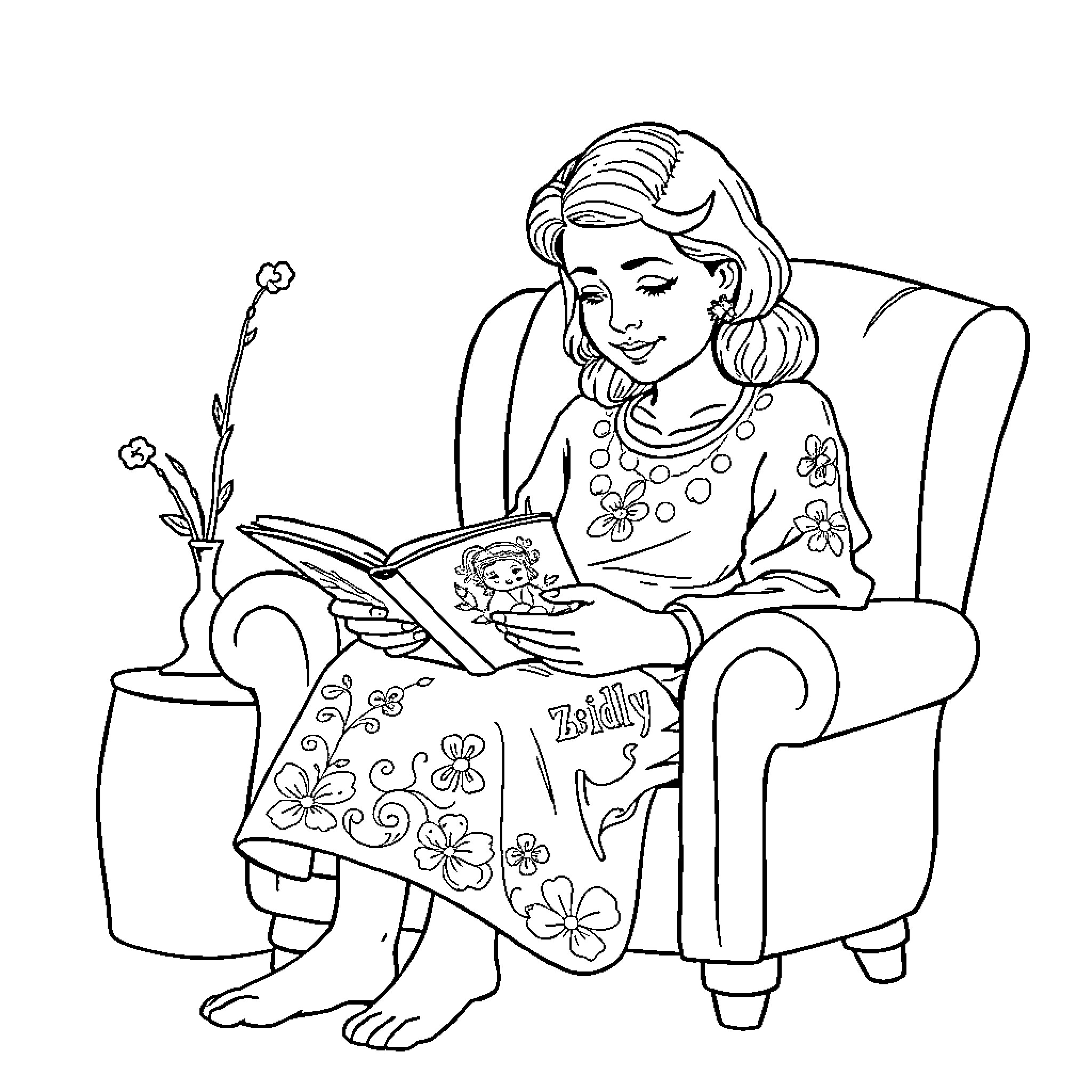 Zelda reading a book in a cozy armchair Coloring Page (free black-and-white line drawing printable PDF for all, from beginners to advanced learners, including children, teens, adults, and seniors)