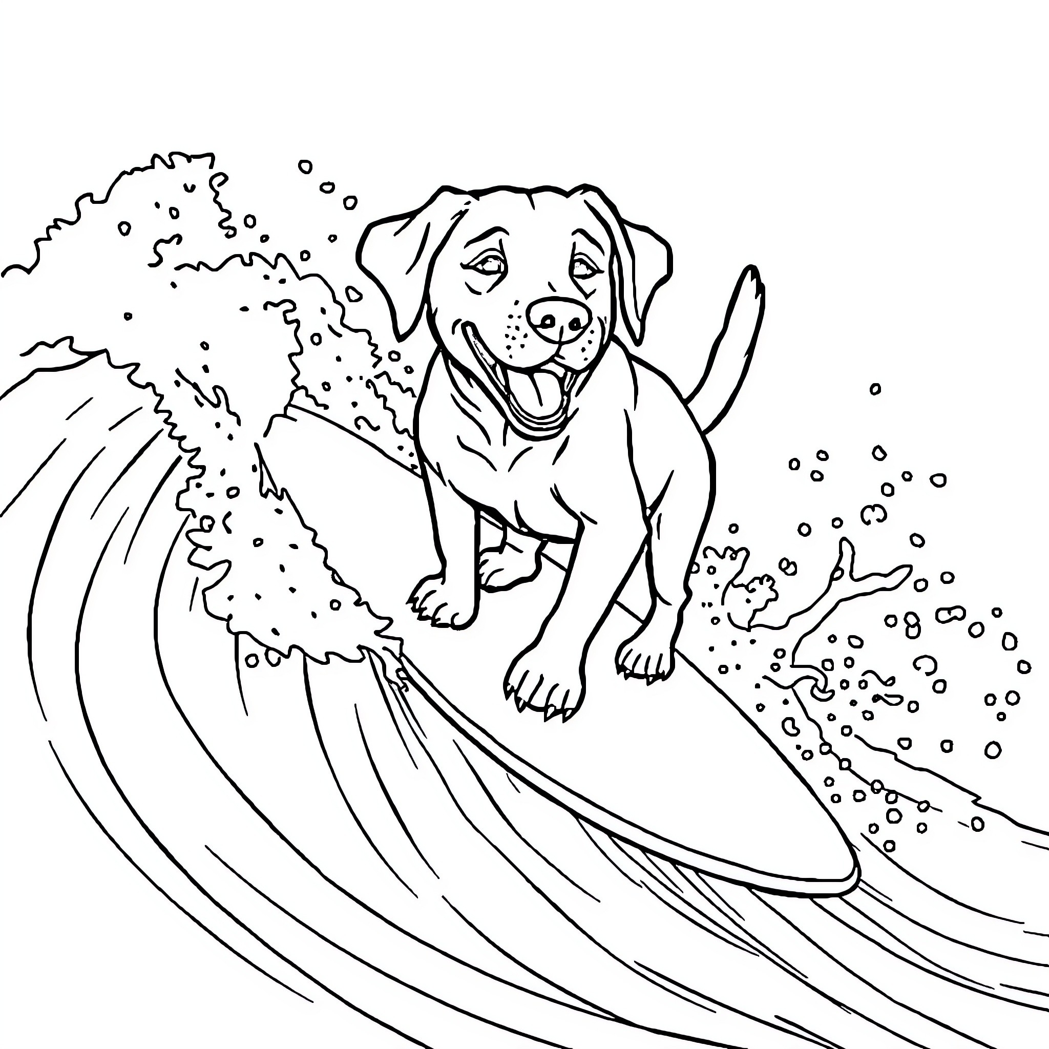 Labrador surfing happily on the waves Coloring Page (free black-and-white line drawing printable PDF for all, from beginners to advanced learners, including children, teens, adults, and seniors)