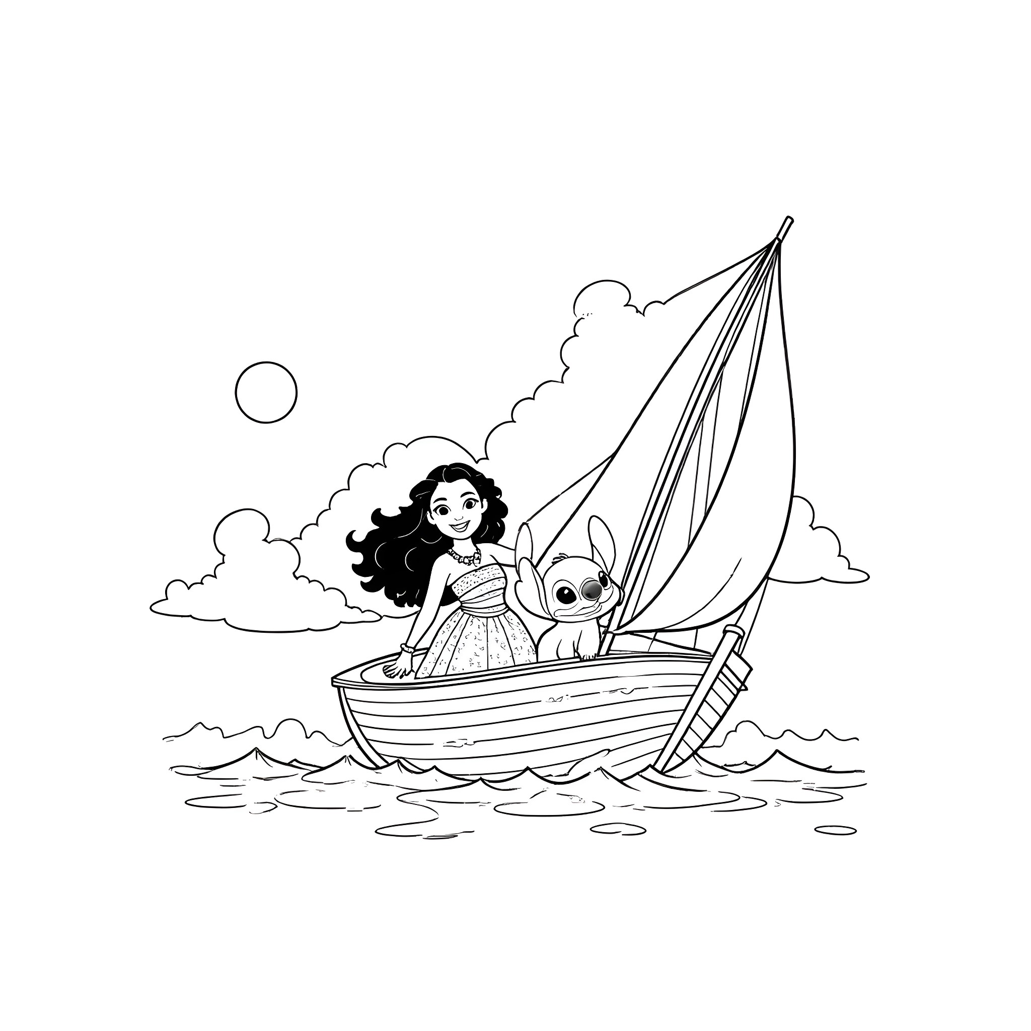 Moana sailing on the ocean with her companion Coloring Page (free black-and-white line drawing printable PDF for all, from beginners to advanced learners, including children, teens, adults, and seniors)