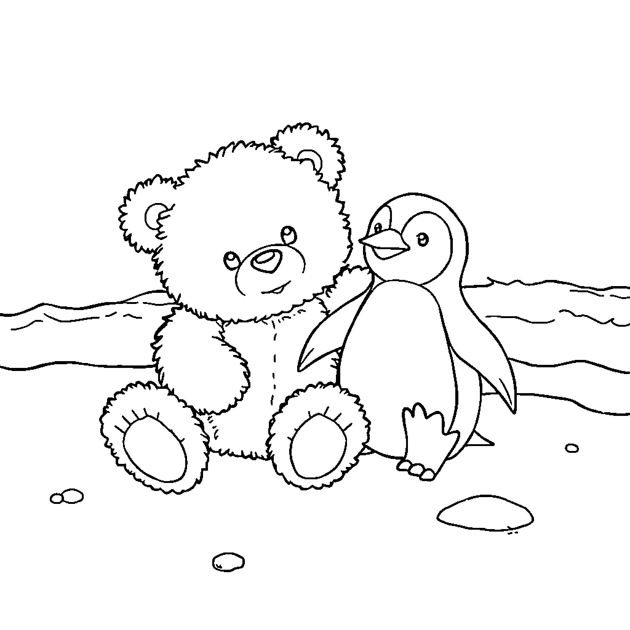 Teddy Bear and Penguin Playing on the Beach Coloring Page (free black-and-white line drawing printable PDF for all, from beginners to advanced learners, including children, teens, adults, and seniors)