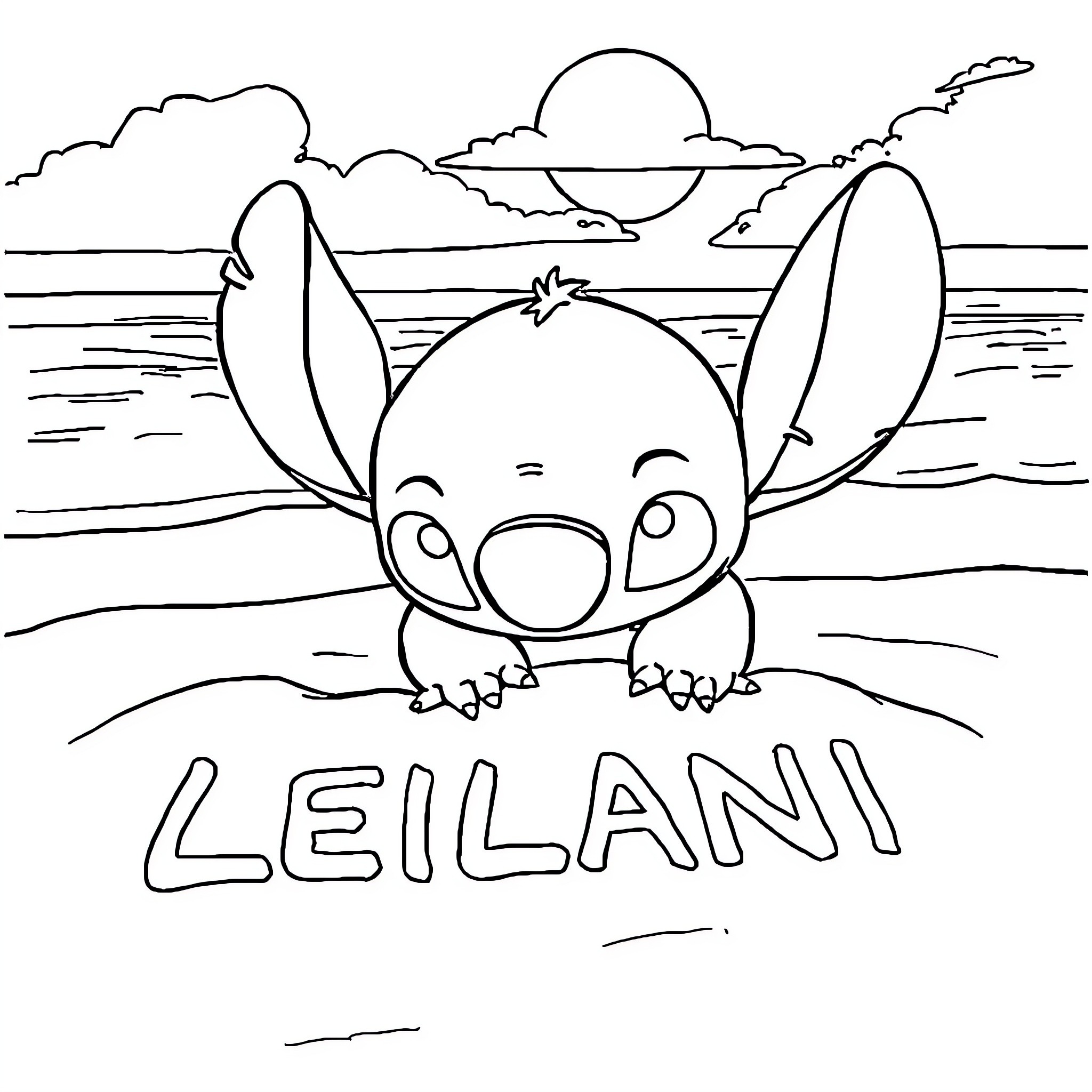 Stitch enjoying a beach day Coloring Page (free black-and-white line drawing printable PDF for all, from beginners to advanced learners, including children, teens, adults, and seniors)
