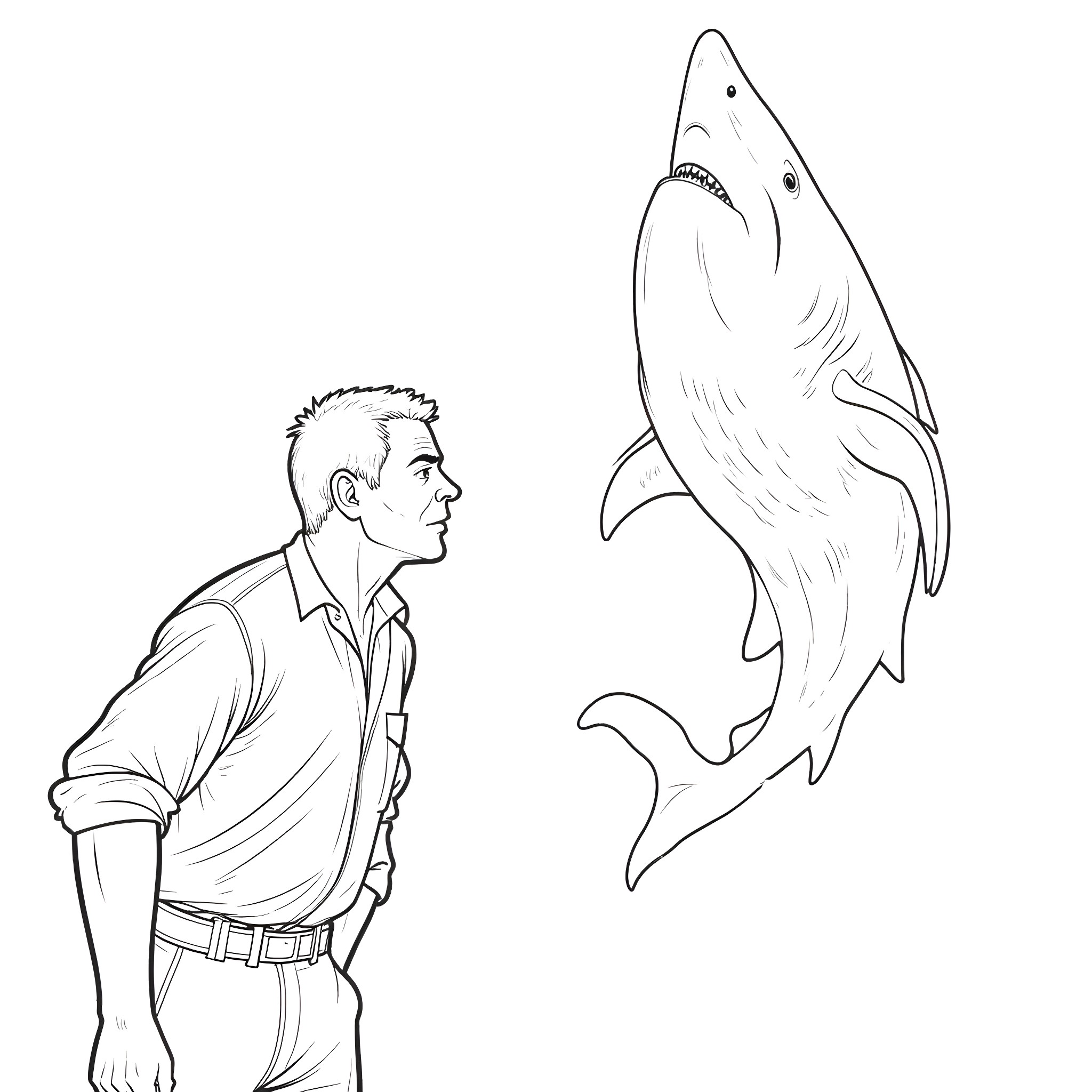 Brody observing a curious shark Coloring Page (free black-and-white line drawing printable PDF for all, from beginners to advanced learners, including children, teens, adults, and seniors)