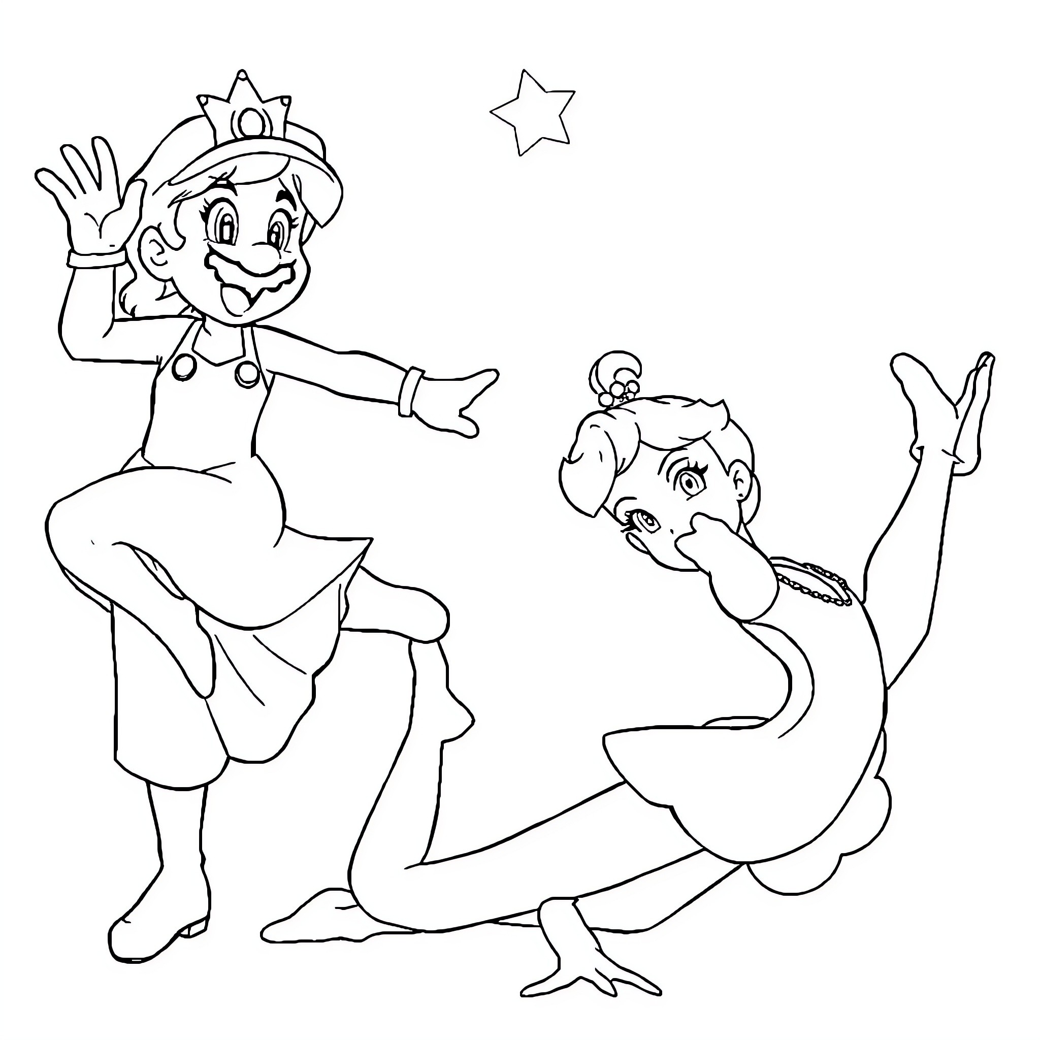 Princess characters playing and dancing joyfully Coloring Page (free black-and-white line drawing printable PDF for all, from beginners to advanced learners, including children, teens, adults, and seniors)
