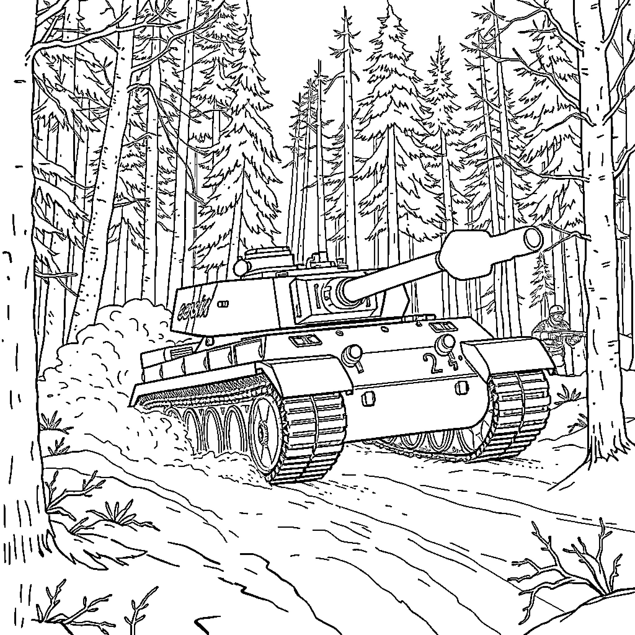 Tank traversing the forest wilderness Coloring Page (free black-and-white line drawing printable PDF for all, from beginners to advanced learners, including children, teens, adults, and seniors)