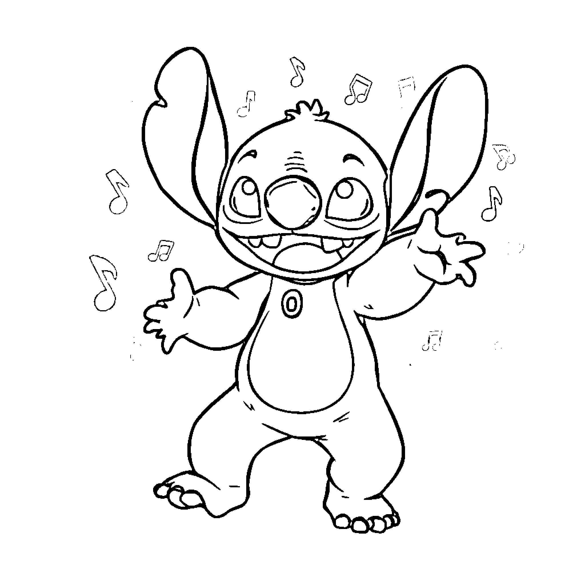 Stitch singing and dancing joyfully Coloring Page (free black-and-white line drawing printable PDF for all, from beginners to advanced learners, including children, teens, adults, and seniors)