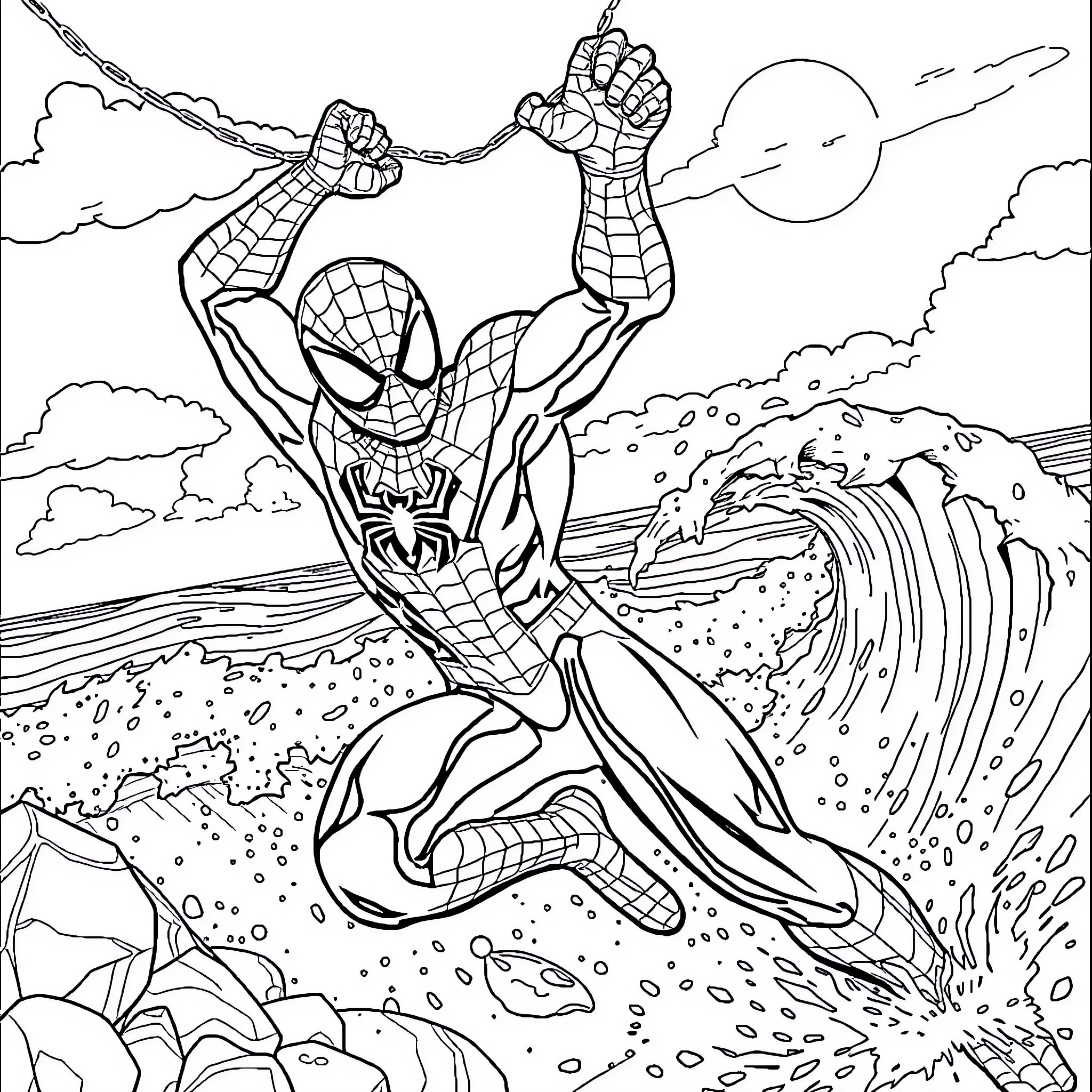 Spider-Man swinging through the air in action pose Coloring Page (free black-and-white line drawing printable PDF for all, from beginners to advanced learners, including children, teens, adults, and seniors)