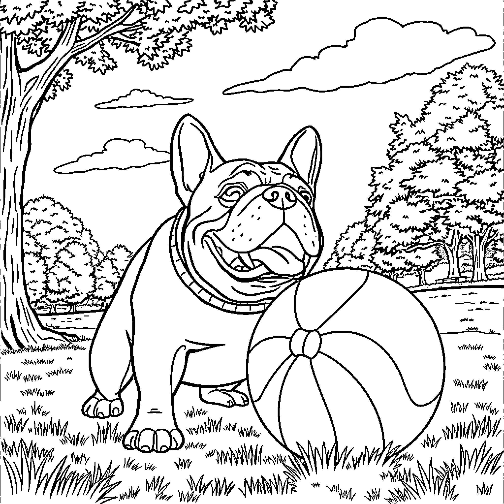Bulldog playing happily in the park Coloring Page (free black-and-white line drawing printable PDF for all, from beginners to advanced learners, including children, teens, adults, and seniors)