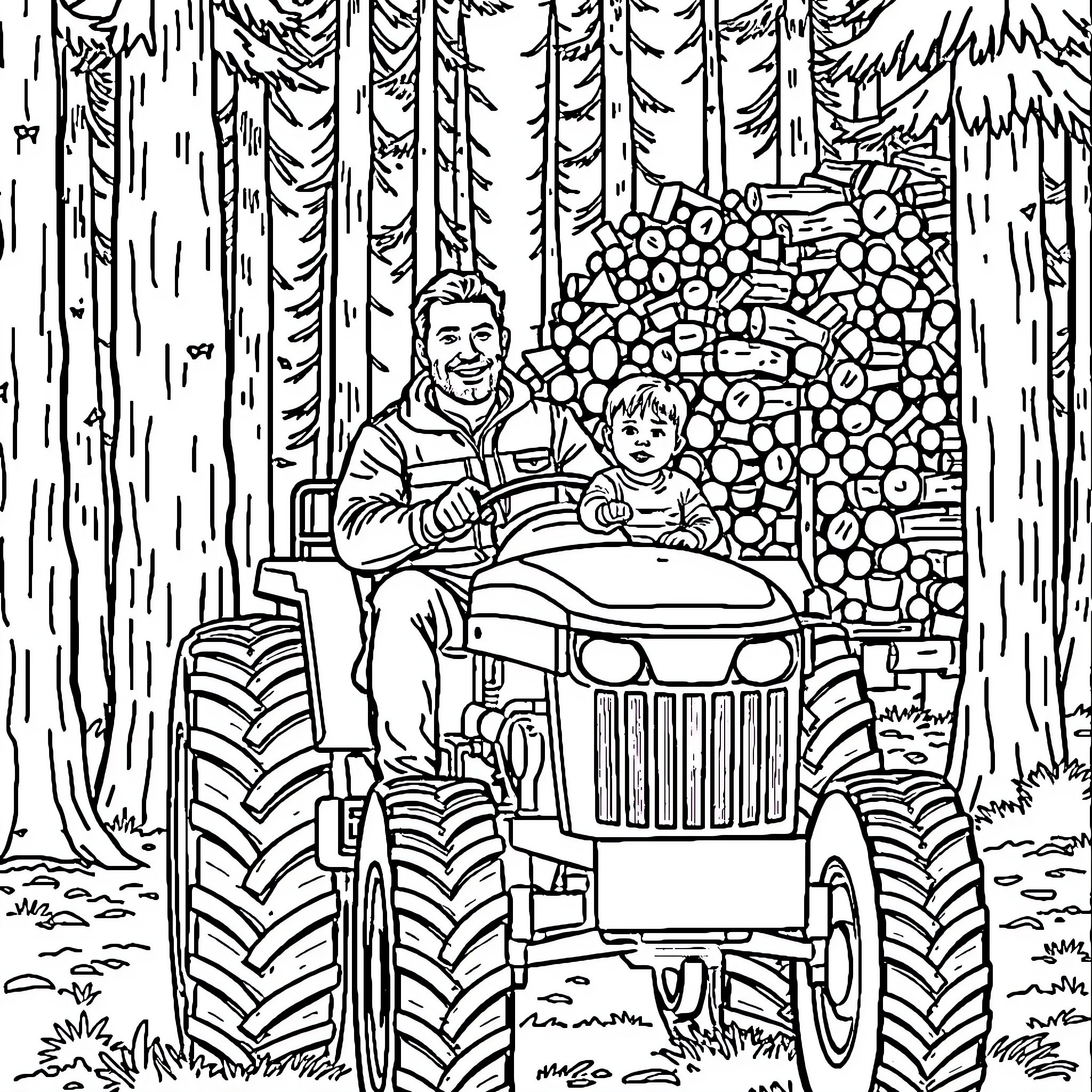 Tractor ride through the forest with father and child Coloring Page (free black-and-white line drawing printable PDF for all, from beginners to advanced learners, including children, teens, adults, and seniors)