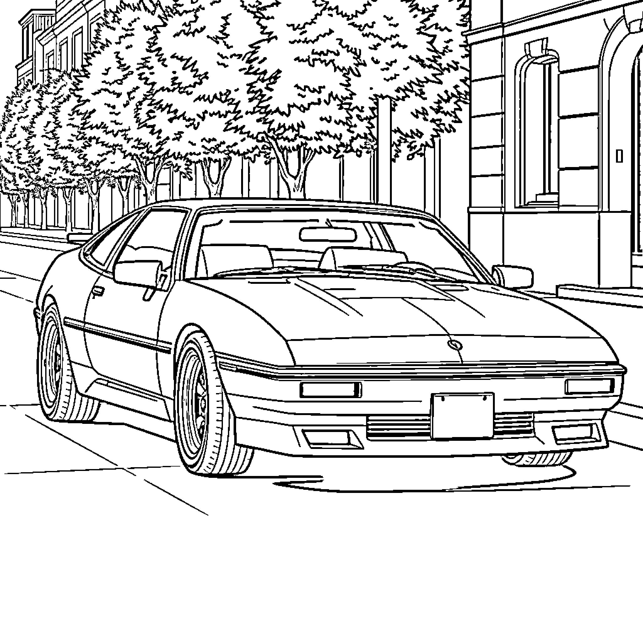 Mercury sports car parked on city street Coloring Page (free black-and-white line drawing printable PDF for all, from beginners to advanced learners, including children, teens, adults, and seniors)