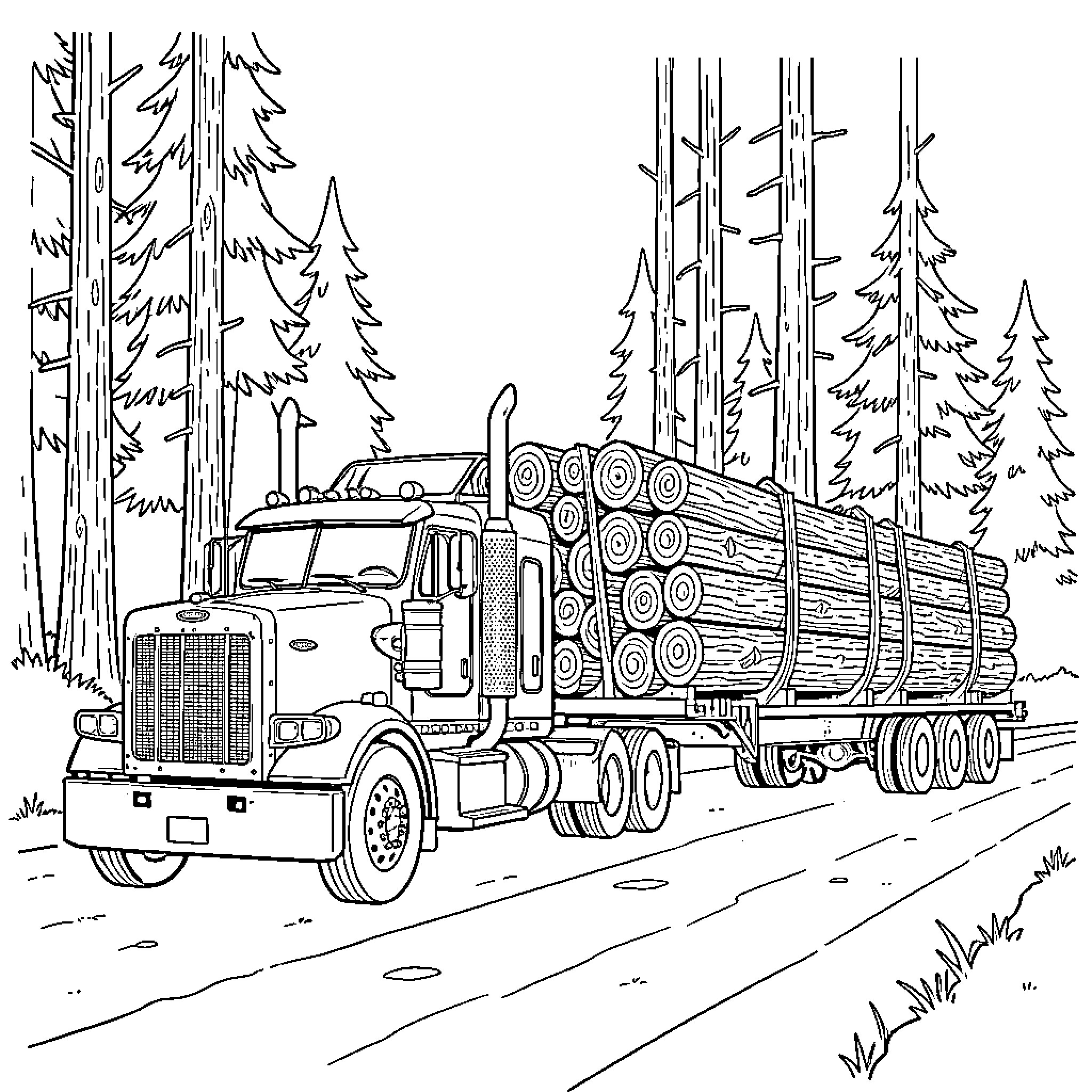 Peterbilt logging truck transporting timber in the forest Coloring Page (free black-and-white line drawing printable PDF for all, from beginners to advanced learners, including children, teens, adults, and seniors)