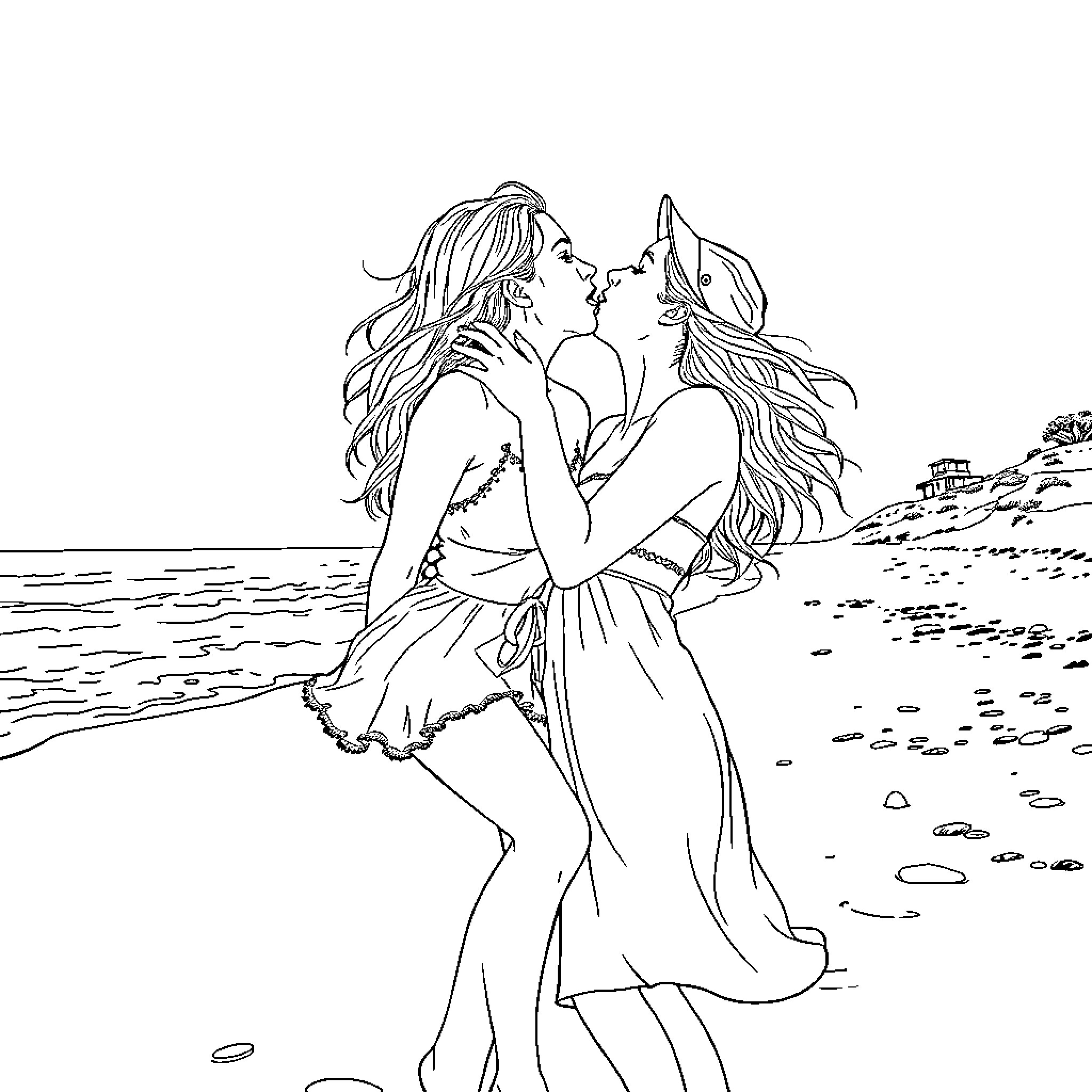 Girlfriend's romantic beach embrace Coloring Page (free black-and-white line drawing printable PDF for all, from beginners to advanced learners, including children, teens, adults, and seniors)