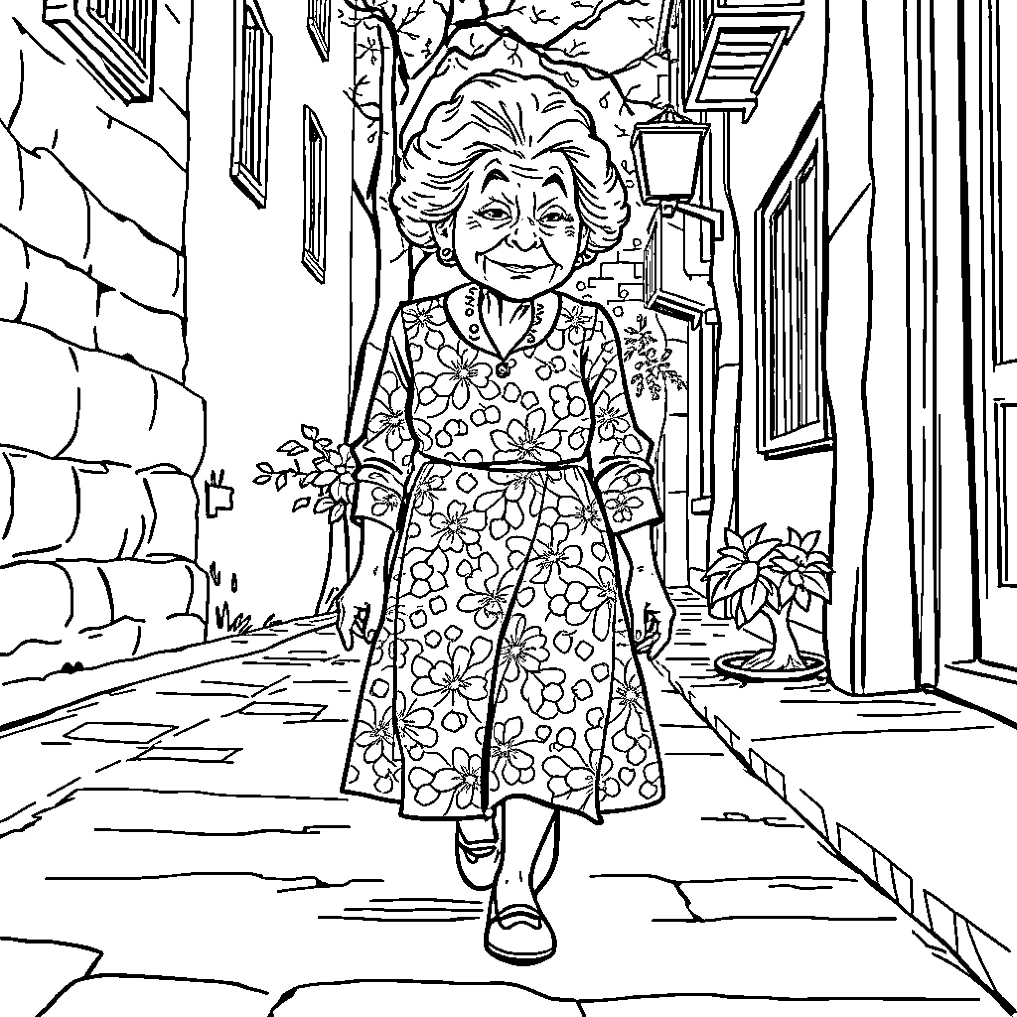 Lady in Floral Dress Strolling Down Alley Coloring Page (free black-and-white line drawing printable PDF for all, from beginners to advanced learners, including children, teens, adults, and seniors)
