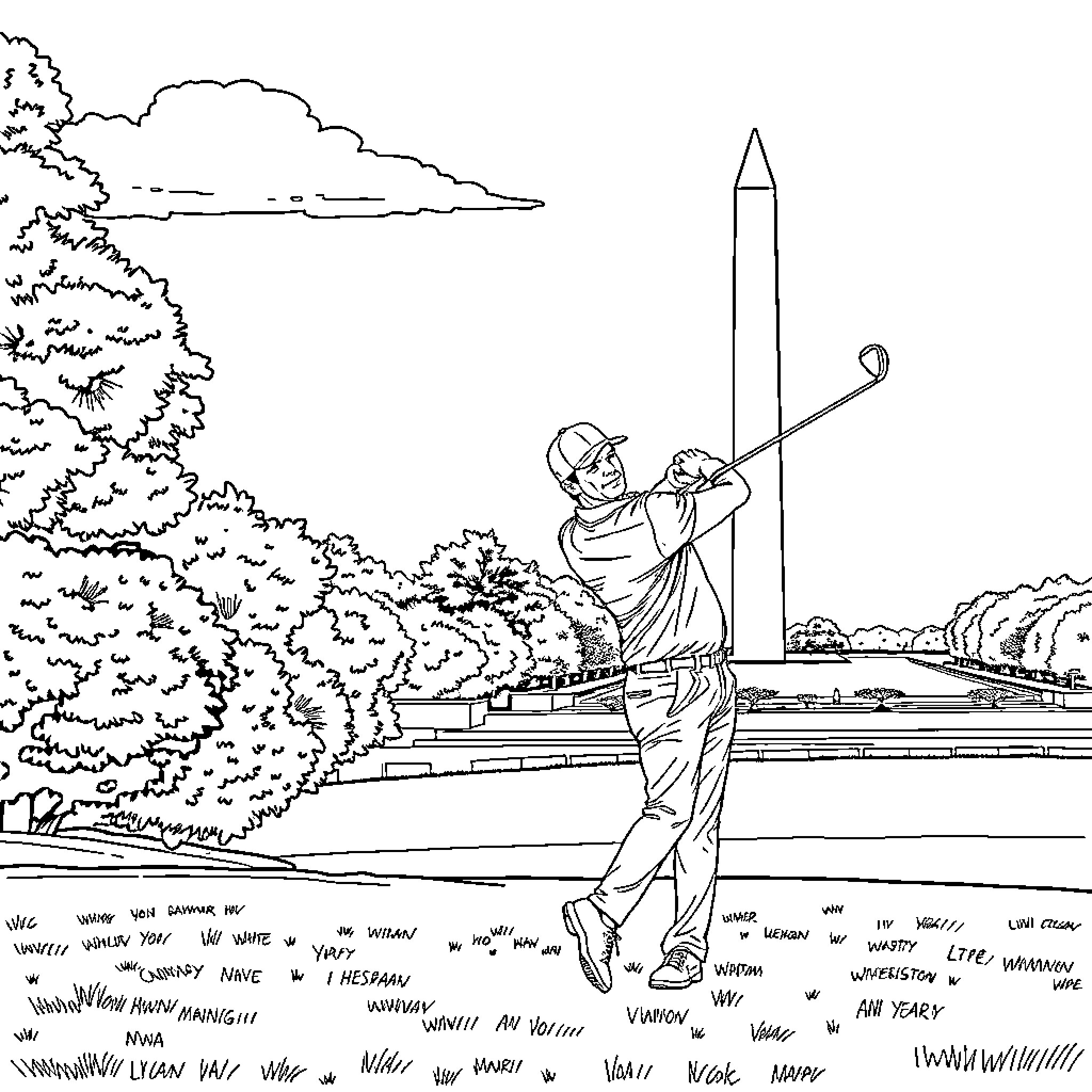 Michael Brennan golfing at scenic outdoor course Coloring Page (free black-and-white line drawing printable PDF for all, from beginners to advanced learners, including children, teens, adults, and seniors)