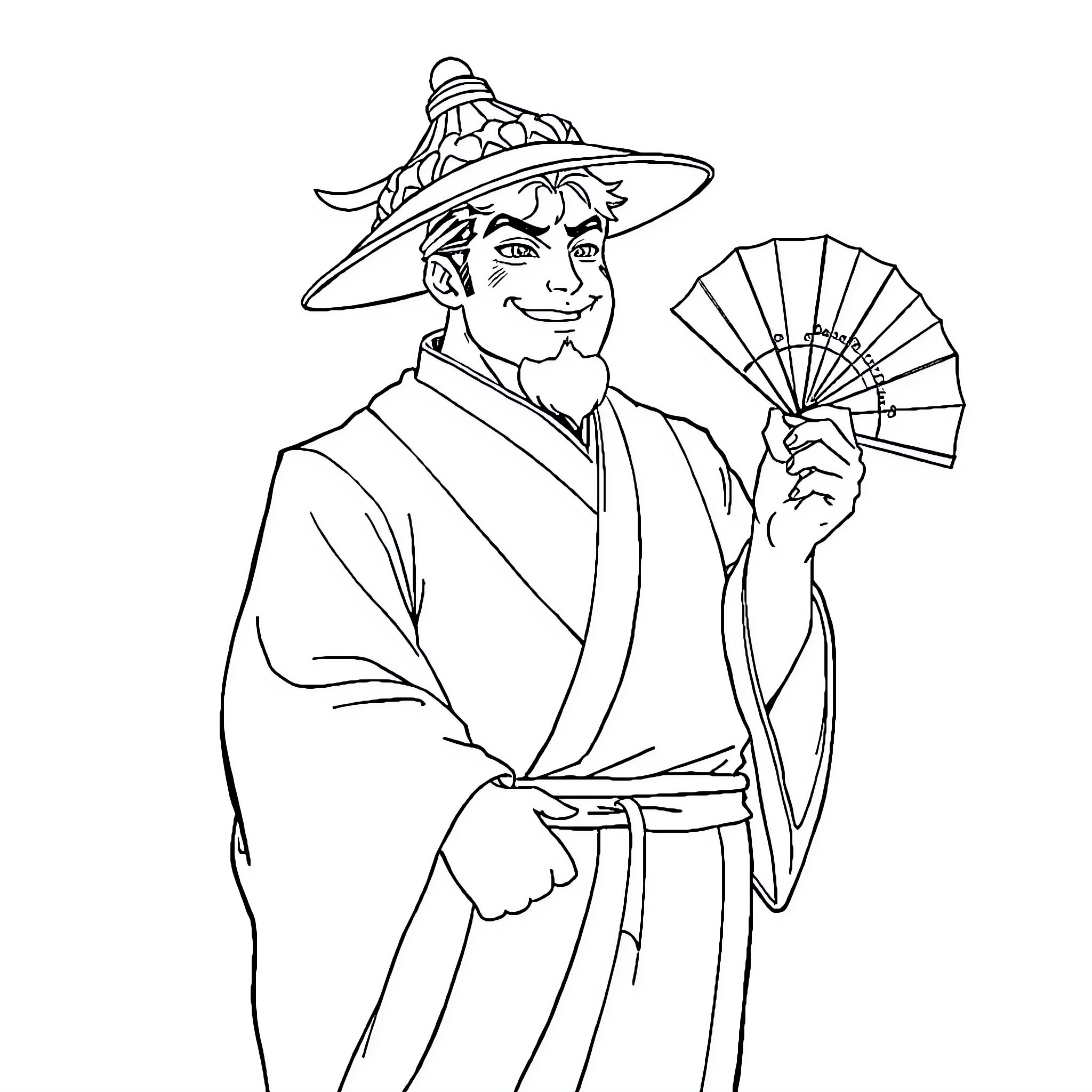 Shunsui Kyoraku in traditional Japanese attire with a fan Coloring Page (free black-and-white line drawing printable PDF for all, from beginners to advanced learners, including children, teens, adults, and seniors)